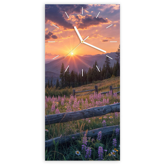 Wanduhr Sonnenuntergang Wiese aus Glas – Hochformat 30 × 60 cm mit Ziffernblatt Linie