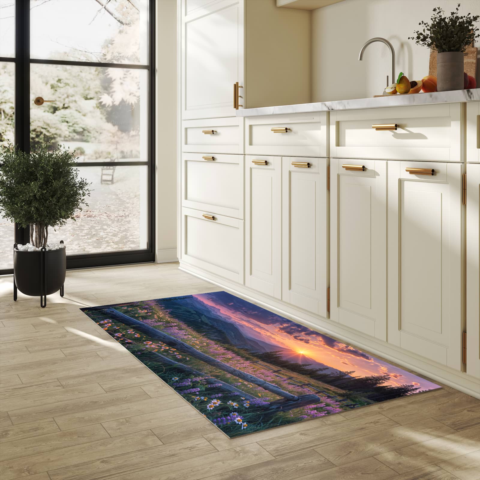 Wasserabweisender rutschfester Küchenläufer mit Motiv Sonnenuntergang Wiese in heller Küche