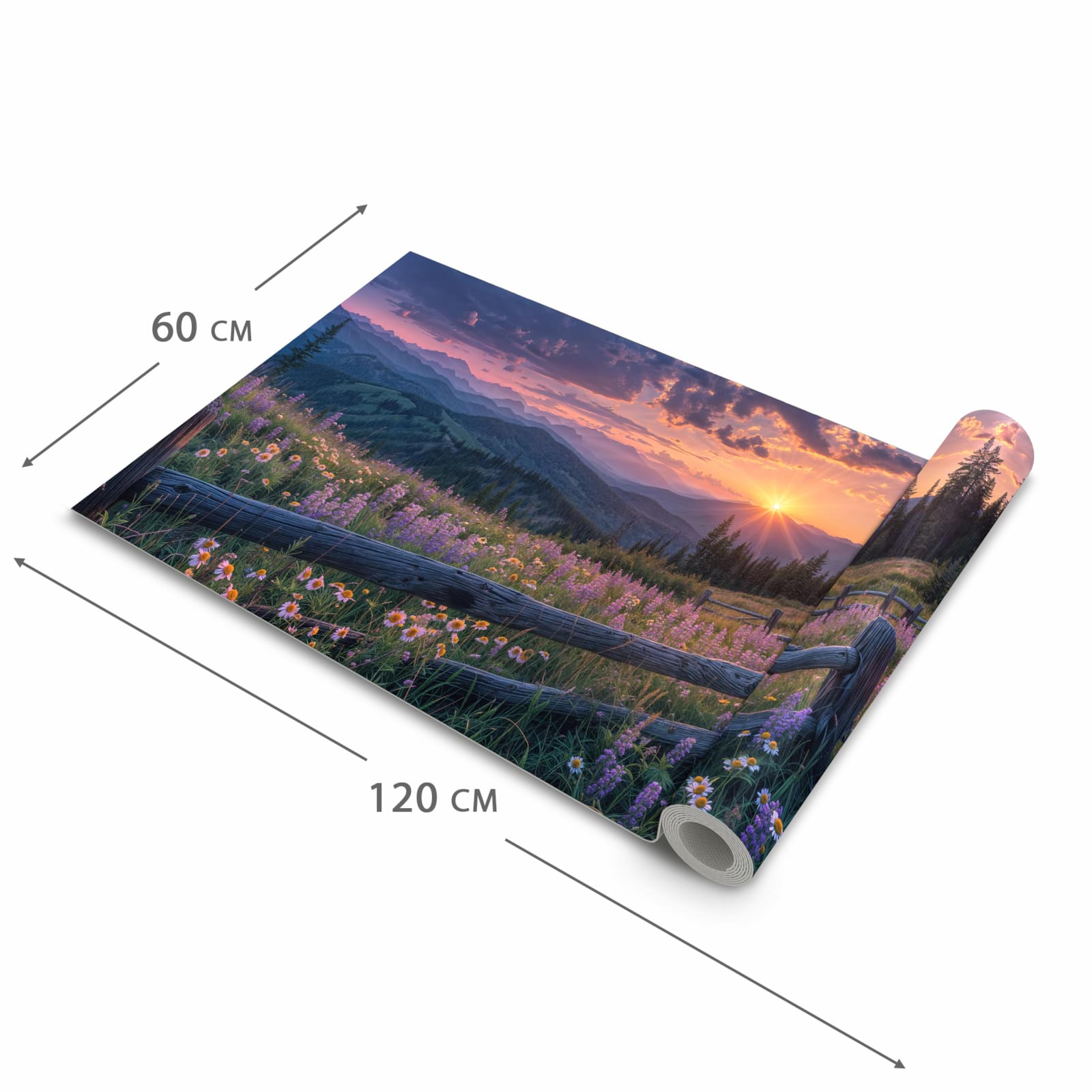 Fleckenresistenter waschbarer Teppich Küche mit Motiv Sonnenuntergang Wiese in der Grösse 60x90 cm