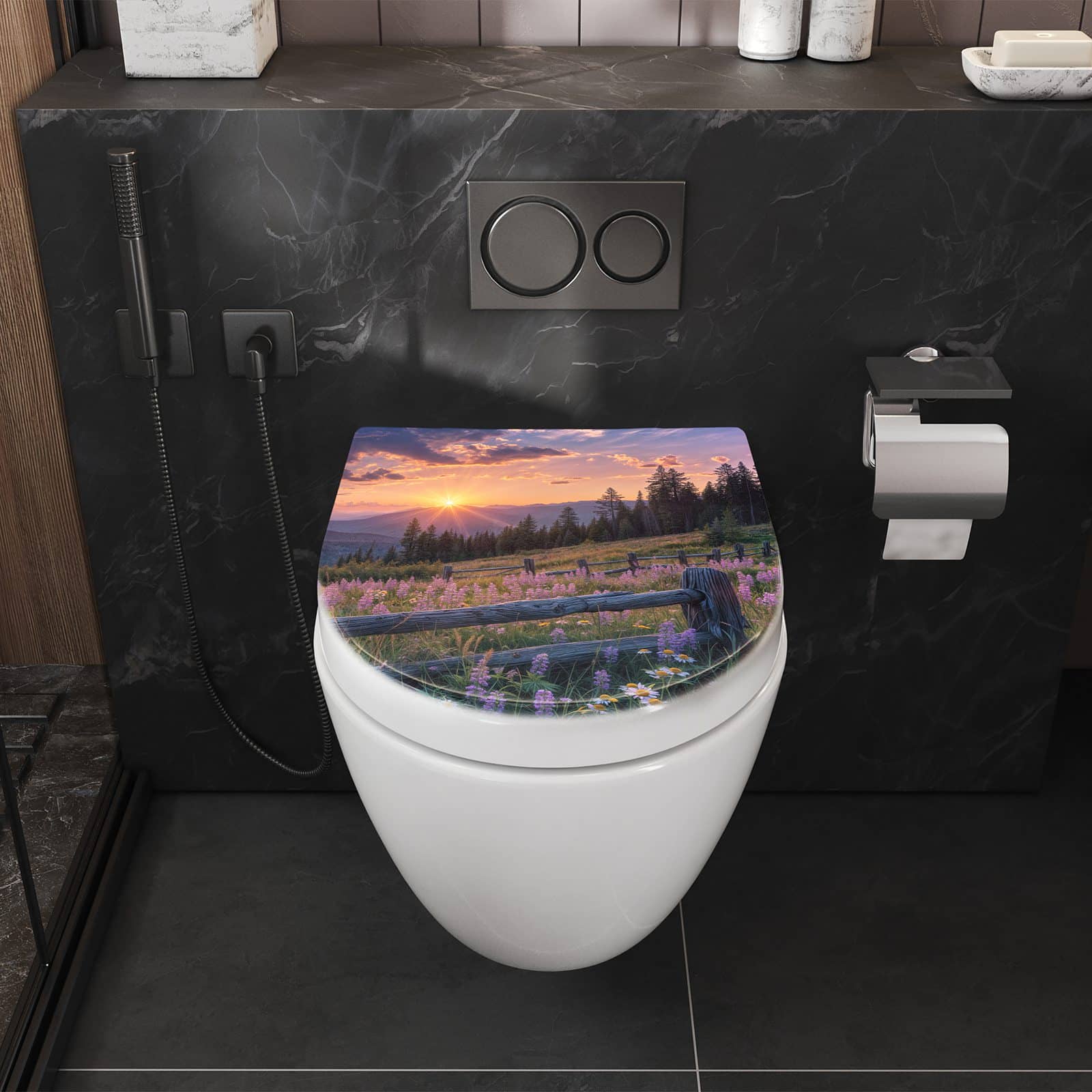 WC-Sitz mit Absenkautomatik Sonnenuntergang Wiese
