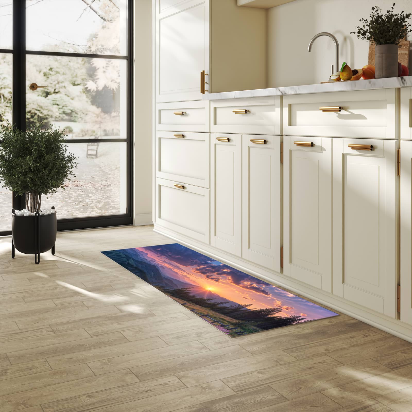 Bodenschonender waschbarer Küchenteppich mit Motiv Sonnenuntergang Wiese in heller Küche