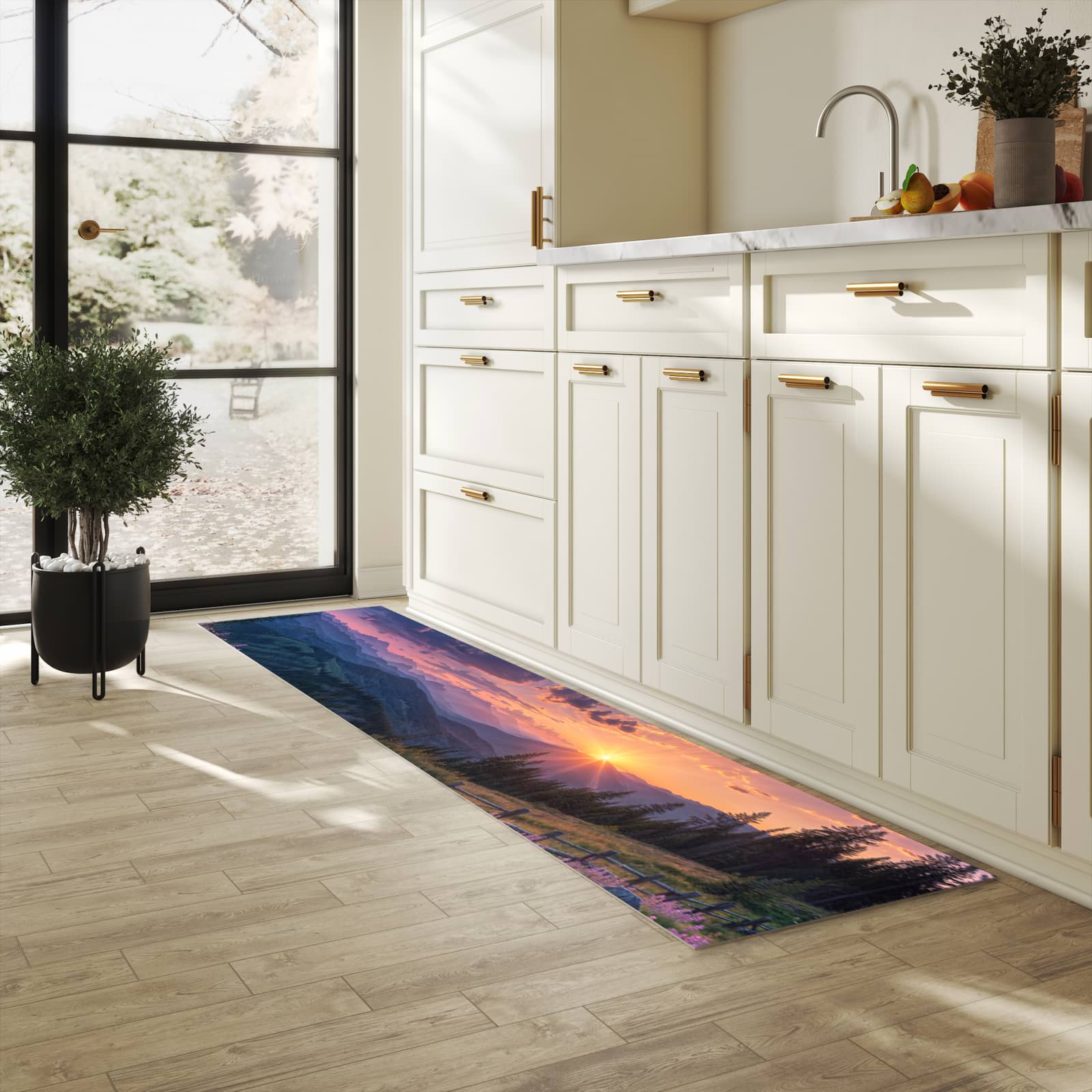 Formstabiler großer Küchenteppich mit Motiv Sonnenuntergang Wiese in heller Küche