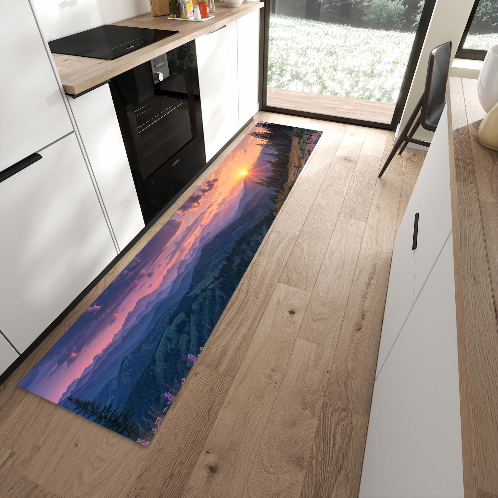 Geräuschdämpfender dünner Küchenteppich mit Motiv Sonnenuntergang Wiese in moderner Küche
