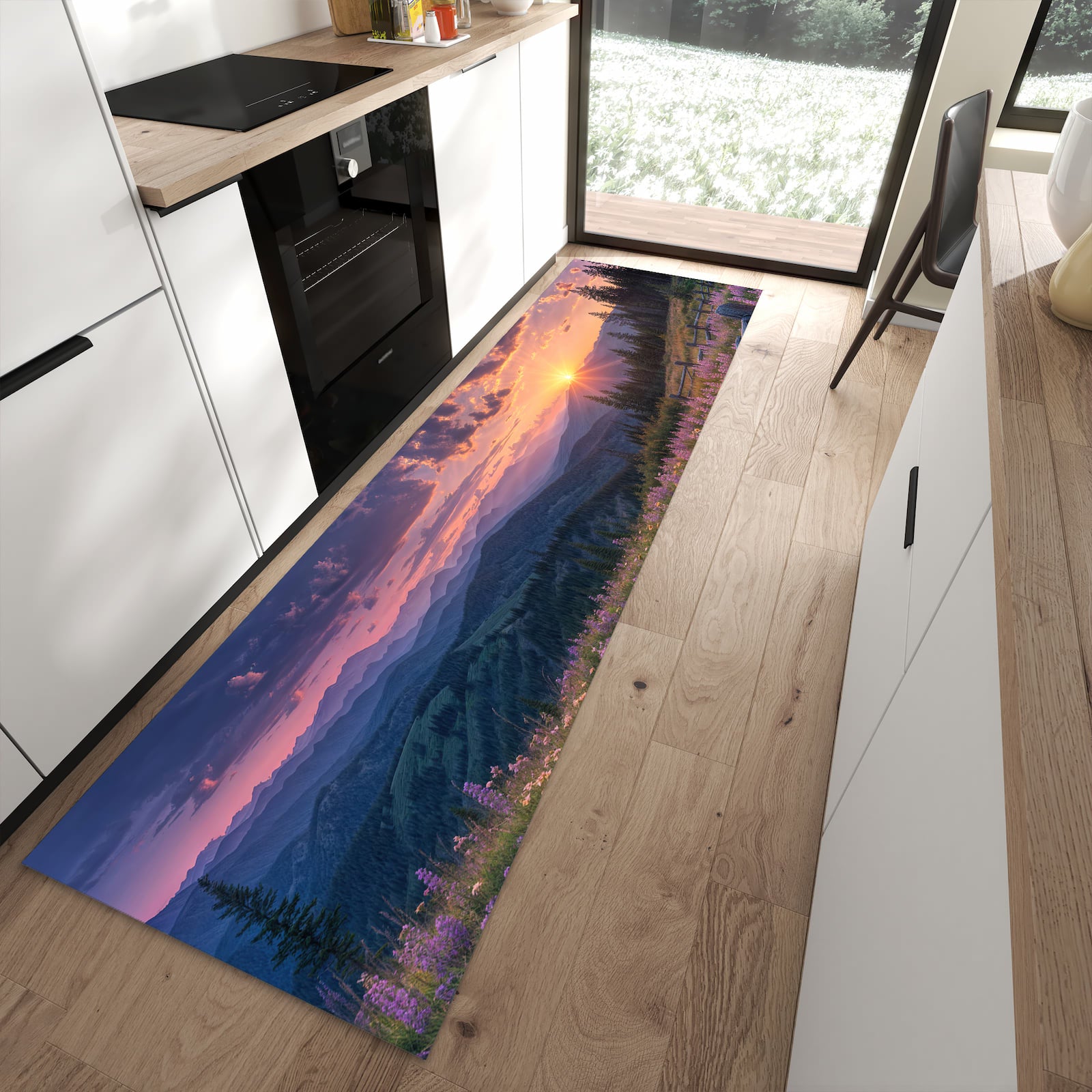 Fleckenresistenter Bodenläufer mit Motiv Sonnenuntergang Wiese in moderner Küche