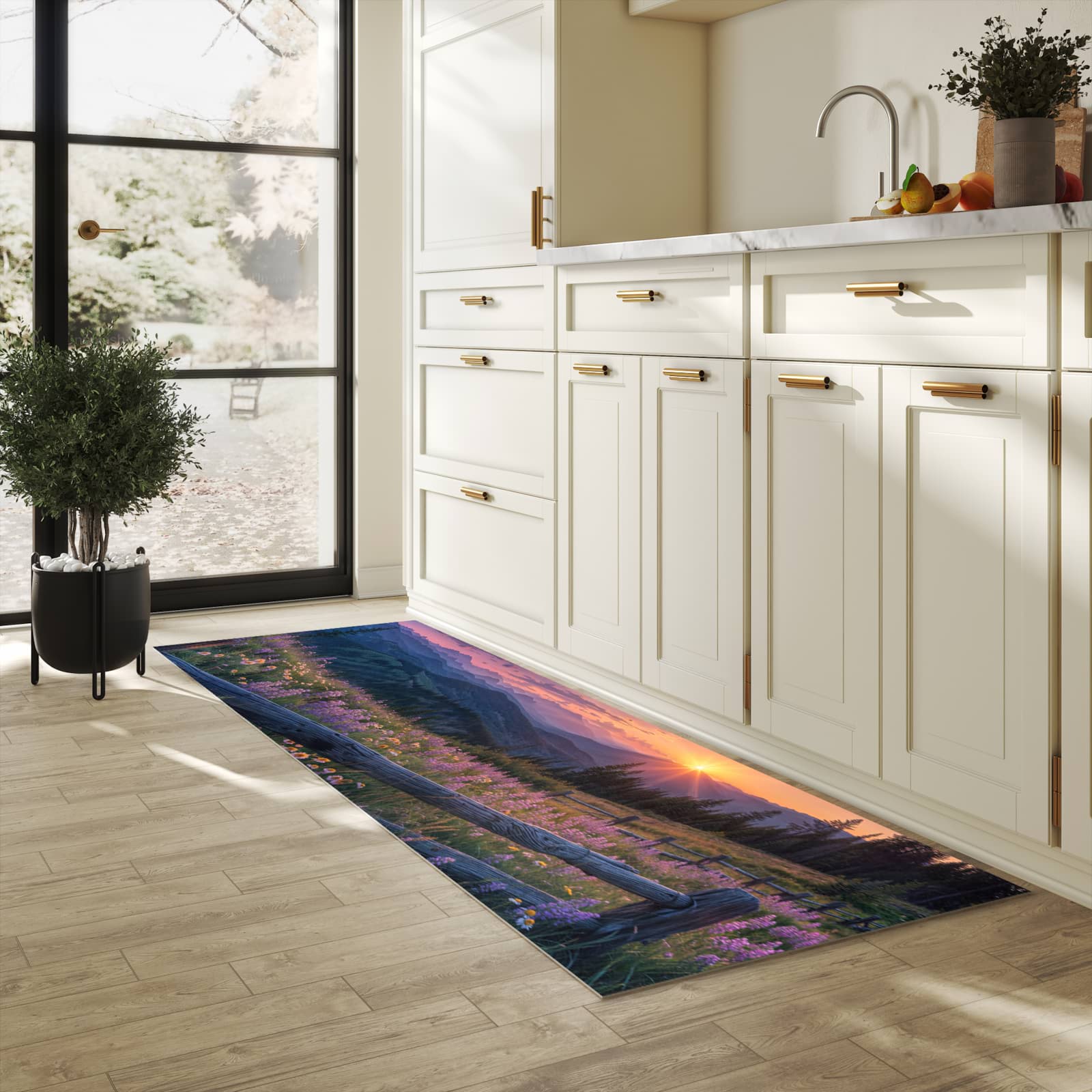 Abriebfester Küchenläufer mit Motiv Sonnenuntergang Wiese in heller Küche