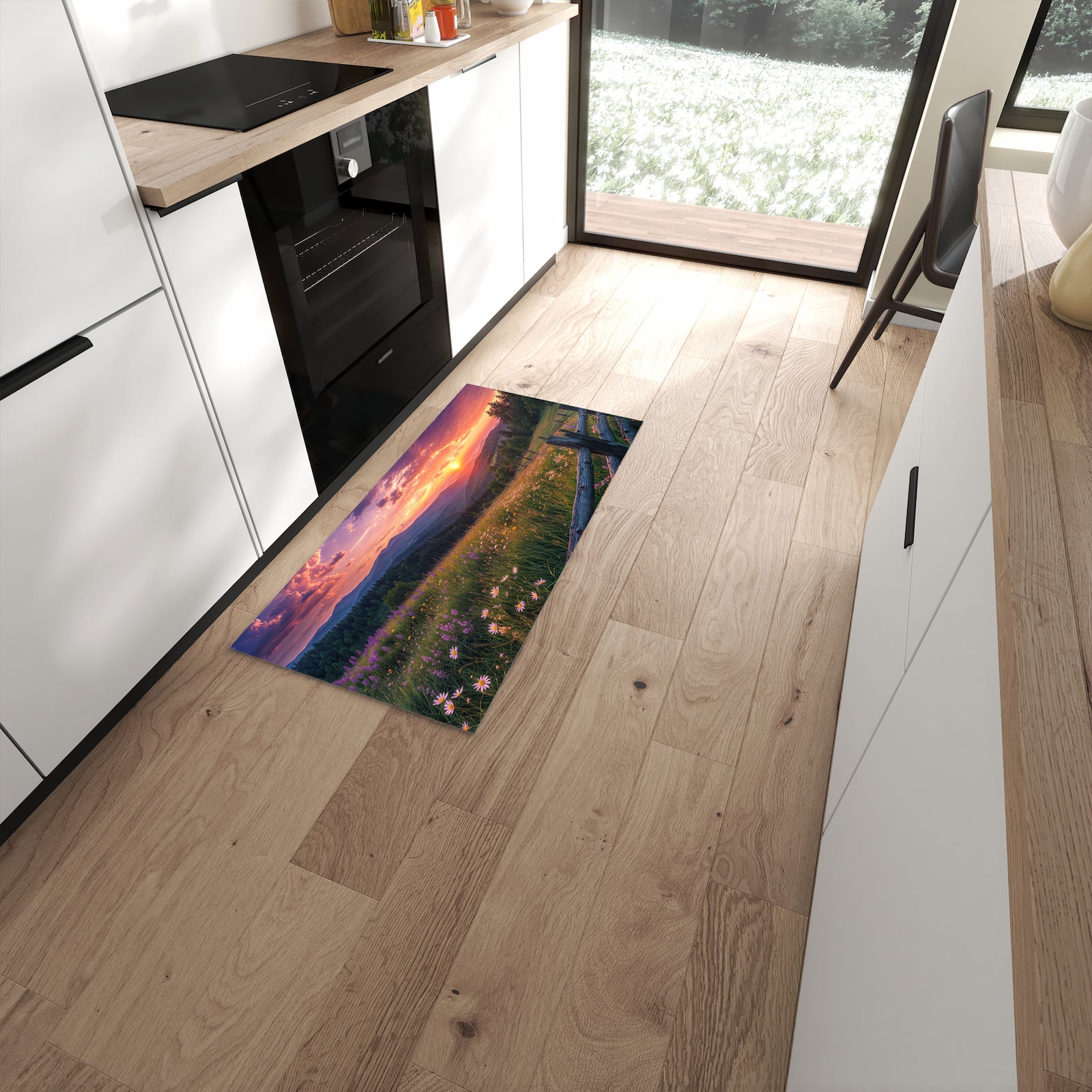 Bodenschonender Küchenteppich mit Motiv Wiese von Sonnenuntergang in moderner Küche #grösse_60 x 120 cm
