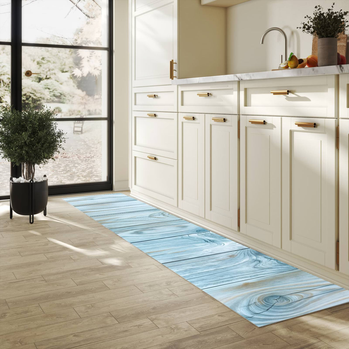 Waschbarer Teppich fürs Esszimmer mit Motiv Holzbretterdekor in heller Küche