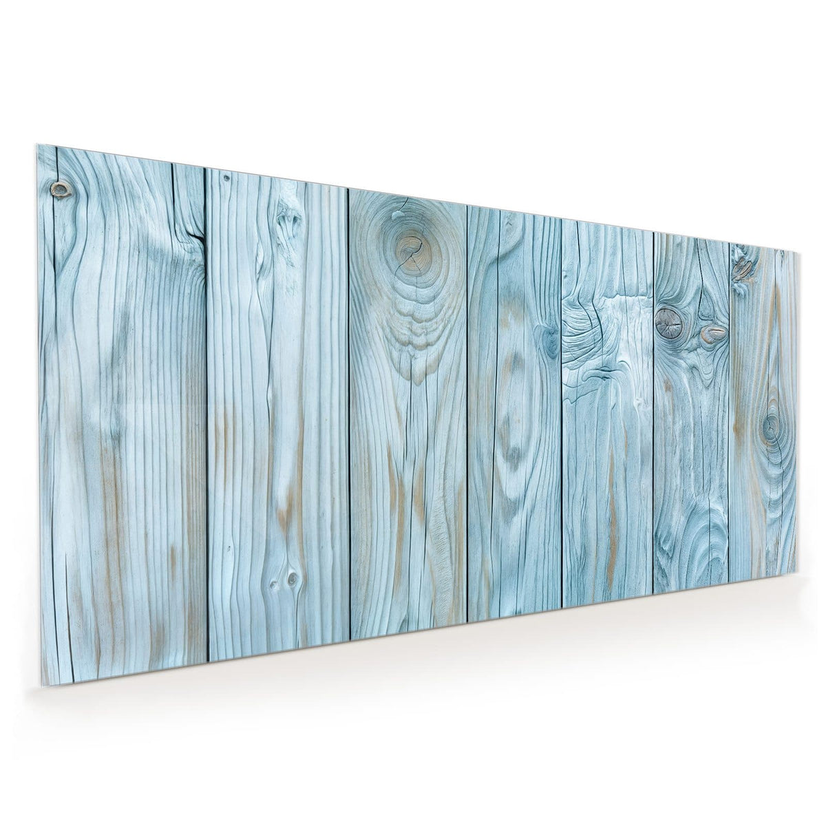 Küchenrückwand aus Glas im Hochformat mit Motiv Hellblaue Holzbretter: Fünf senkrechte, hellblau lasierte Bretter mit kräftiger Maserung und Astknoten