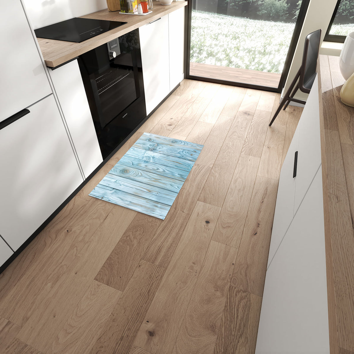 Waschbarer Küchenteppich mit Motiv Holzbretterdekor in moderner Küche
