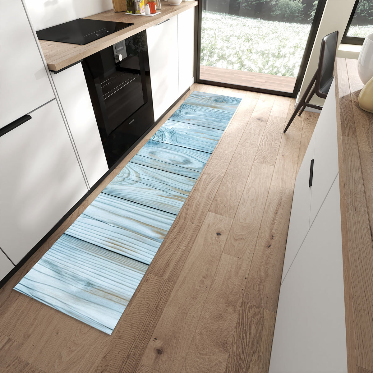 Hygienischer Küchenteppich mit Motiv Holzbretterdekor in moderner Küche