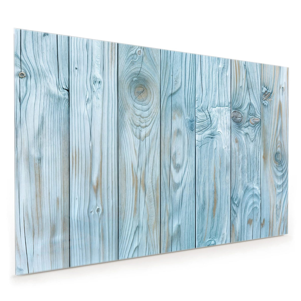 Küchenrückwand aus Glas im Hochformat mit Motiv Hellblaue Holzbretter: Fünf senkrechte, hellblau lasierte Bretter mit kräftiger Maserung und Astknoten