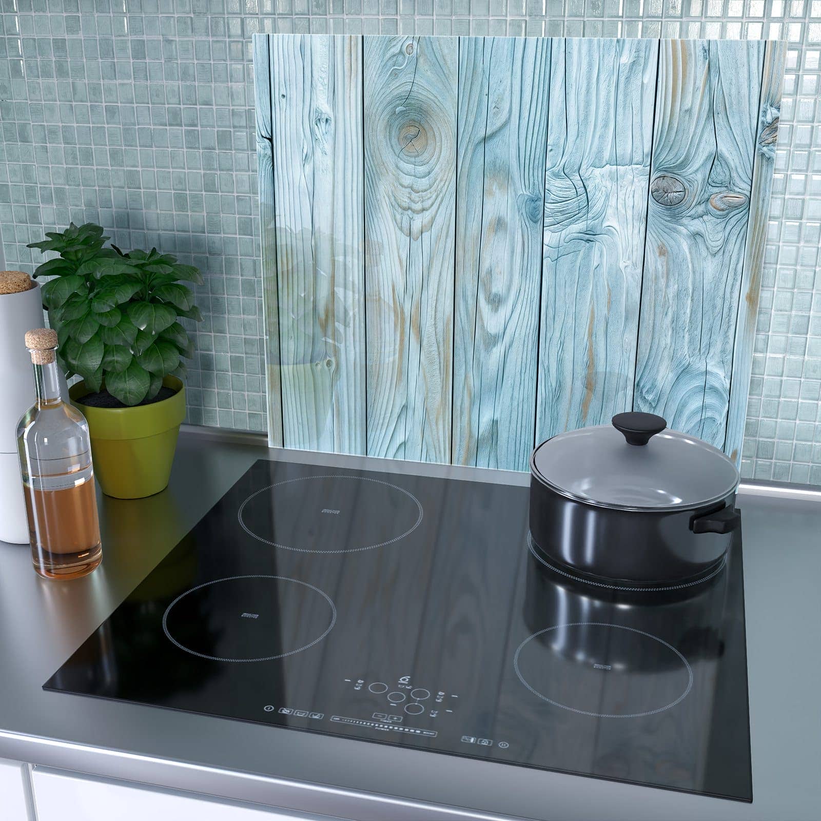 1-teilige Herdabdeckung aus Glas mit Holzbretterdekor-Motiv als Spritzschutz hinter dem Kochfeld