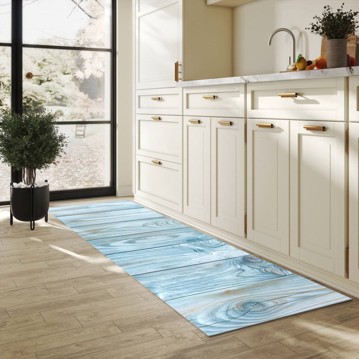 Waschbarer Bodenläufer Teppich mit Motiv Holzbretterdekor in heller Küche