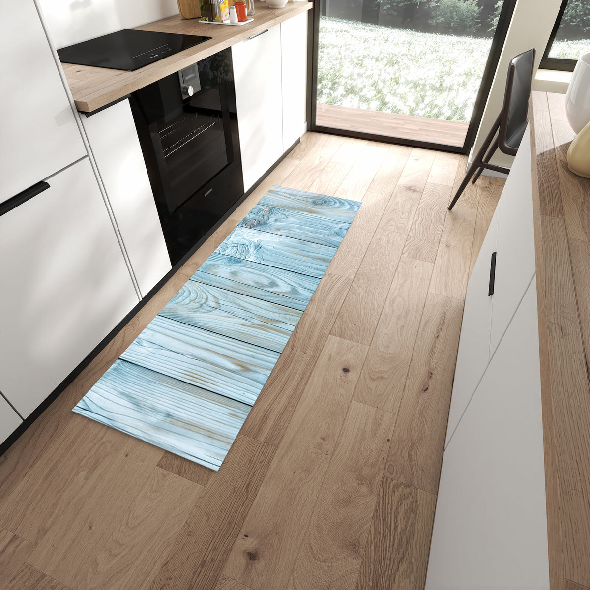 Pflegeleichter Küchenläufer mit Motiv Holzbretterdekor in moderner Küche