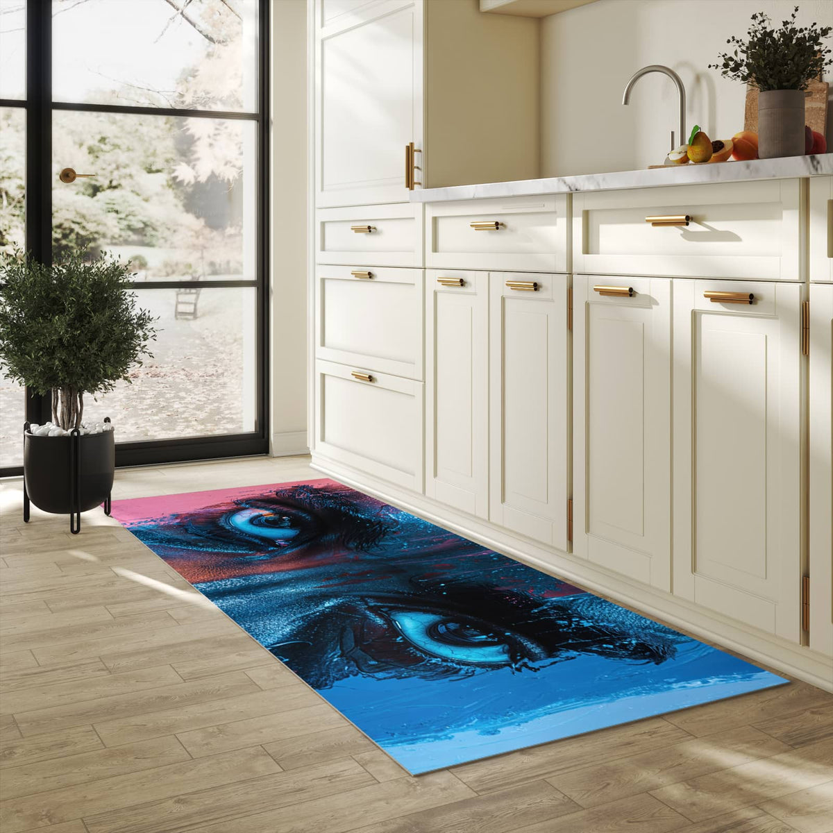 Geruchsneutraler langer Teppich mit Motiv Blick ins Unbekannte in heller Küche