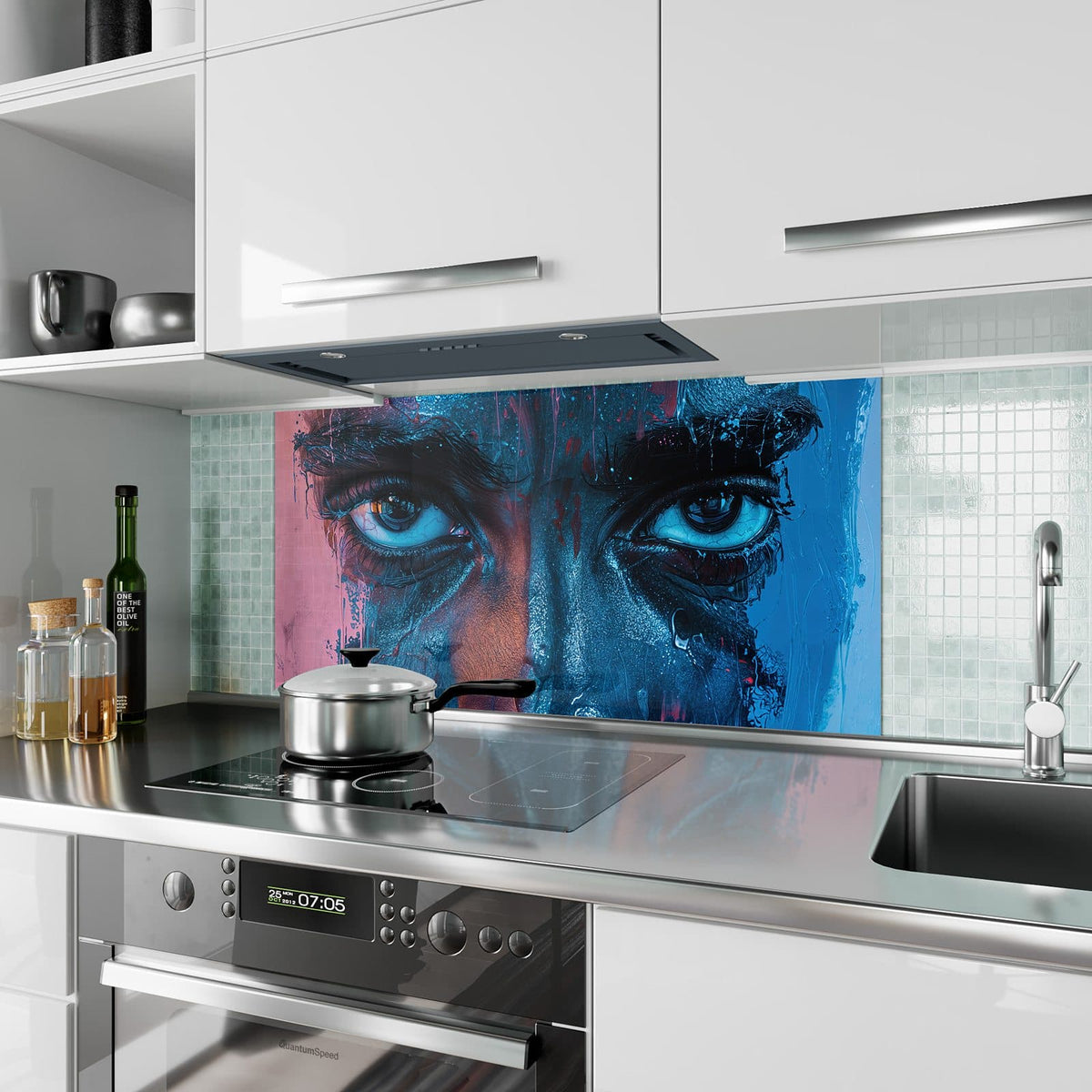 Küchenrückwand aus Glas Gemaltes Auge in Blau im Hochformat als Spritzschutz hinter dem Kochfeld, über dem Fliesenspiegel montiert