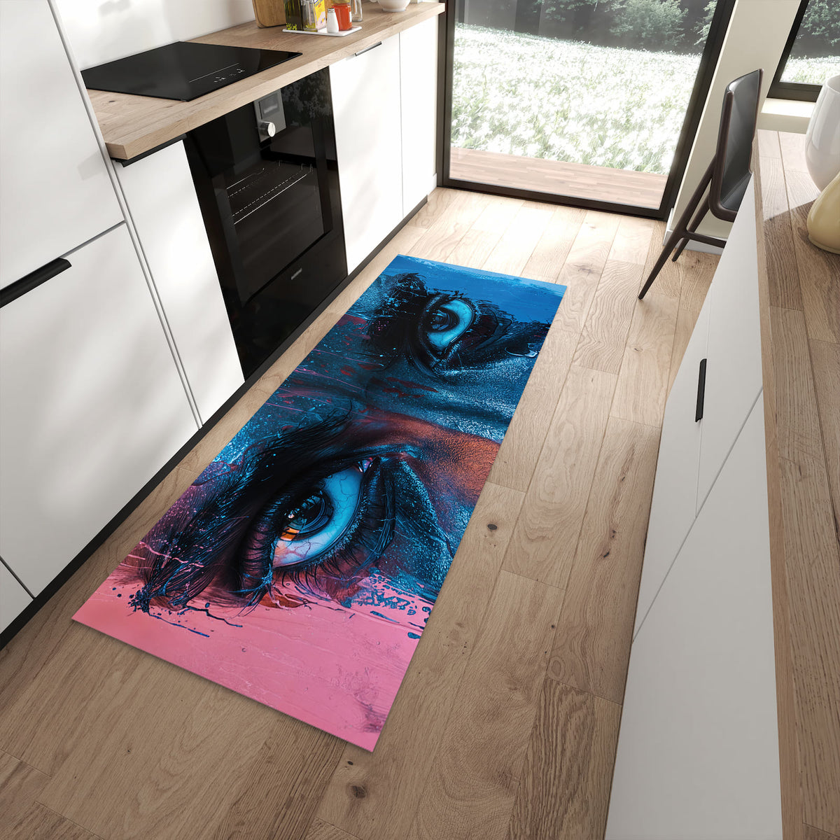 Fleckenresistenter Küchenteppich mit Motiv Blick ins Unbekannte in moderner Küche