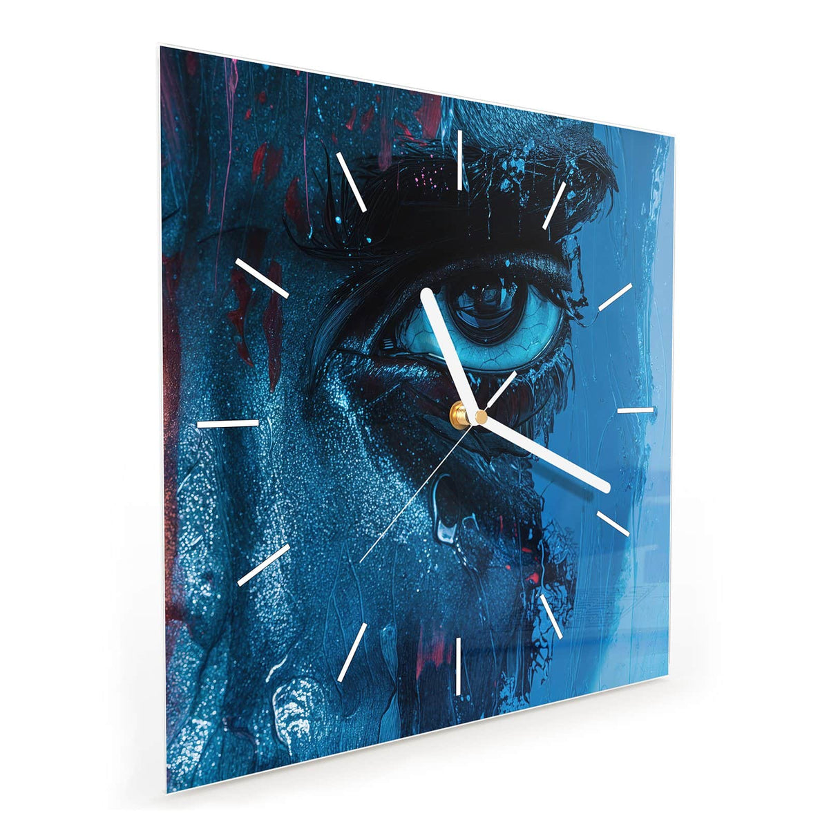 Quadratische Wanduhr aus Glas Gemaltes Auge in Blau schräg von der Seite, 4 mm starkes Glas