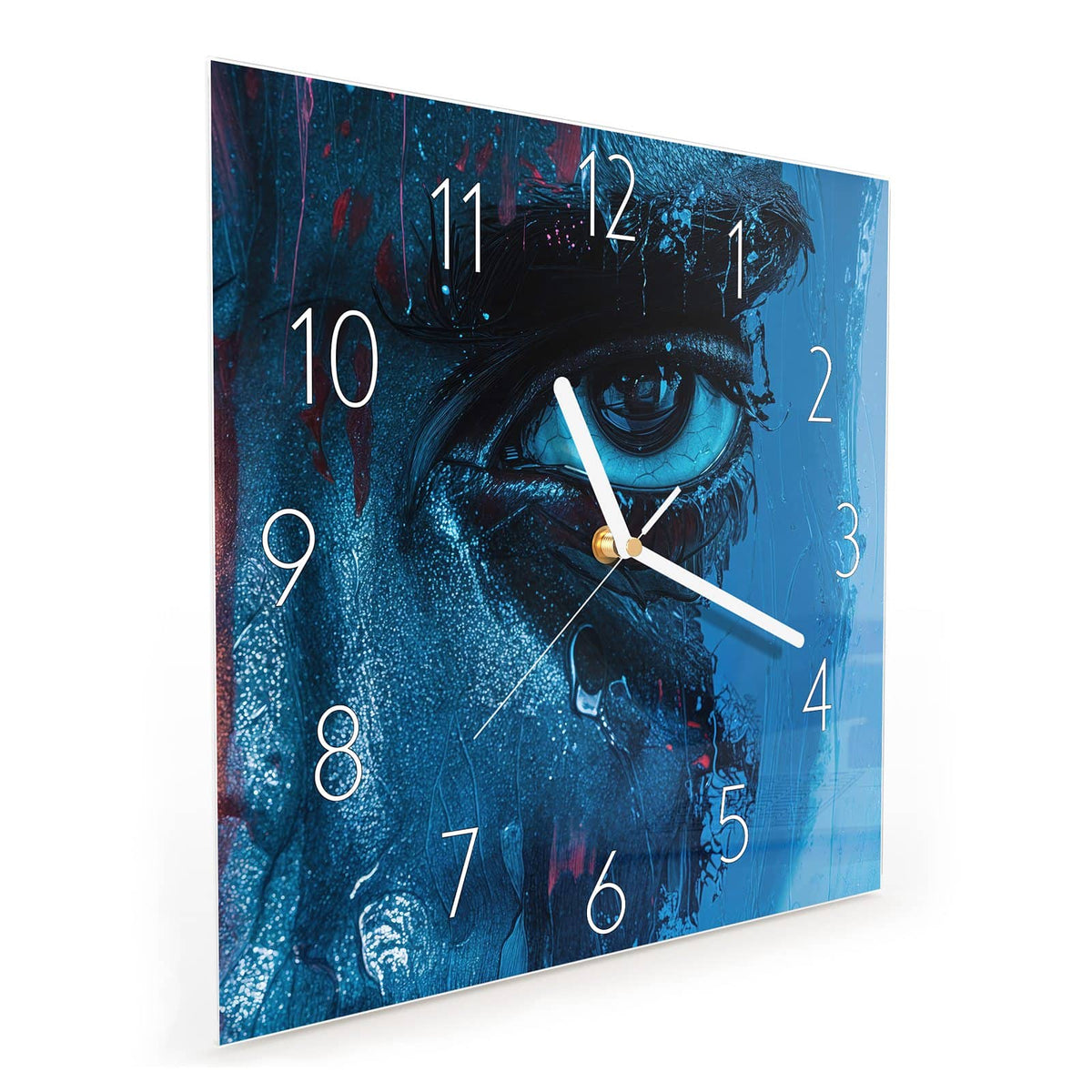 Quadratische Wanduhr aus Glas Gemaltes Auge in Blau schräg von der Seite, 4 mm starkes Glas