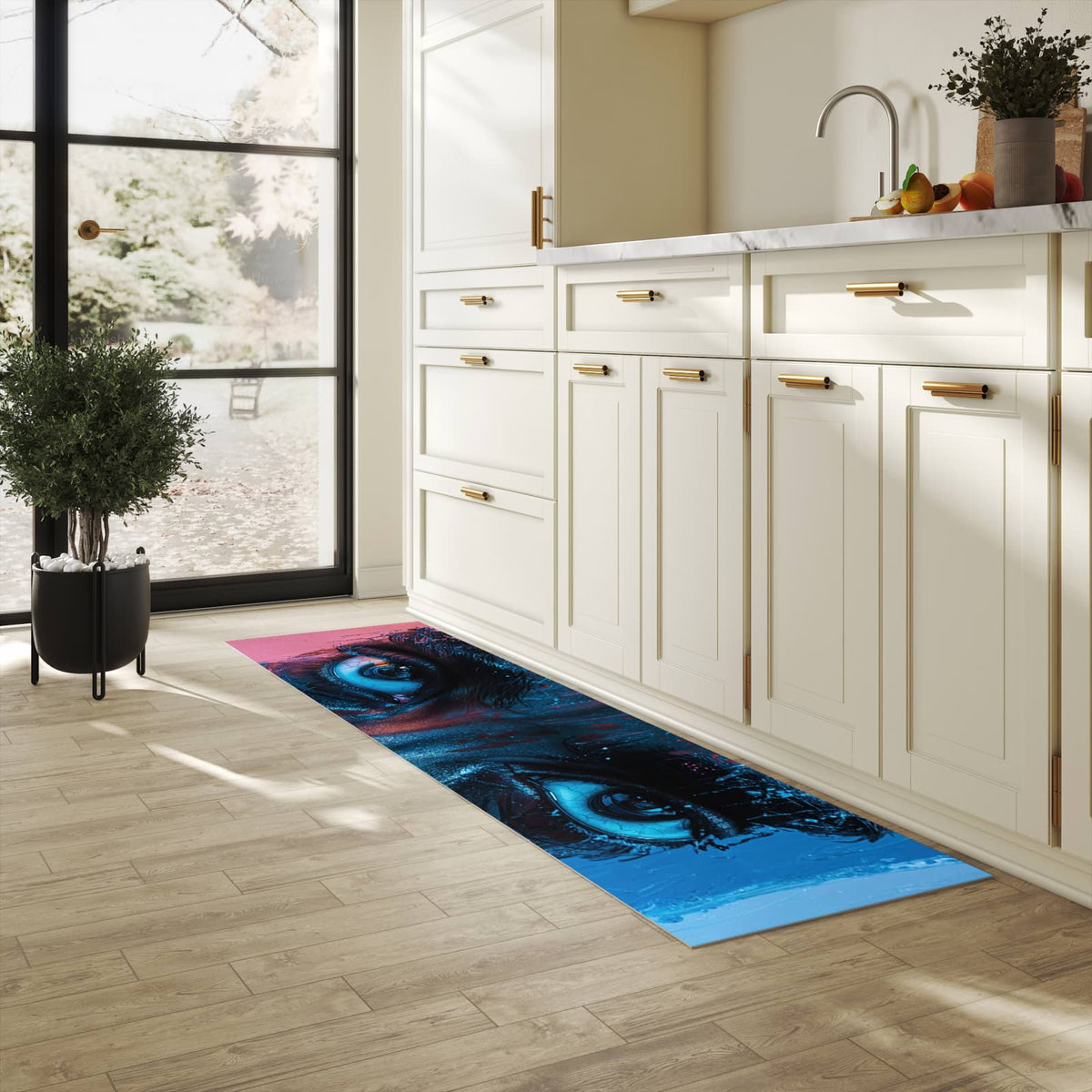 Küchenteppich mit Motiv Blick ins Unbekannte in heller Küche für sicheres Aufbewahren