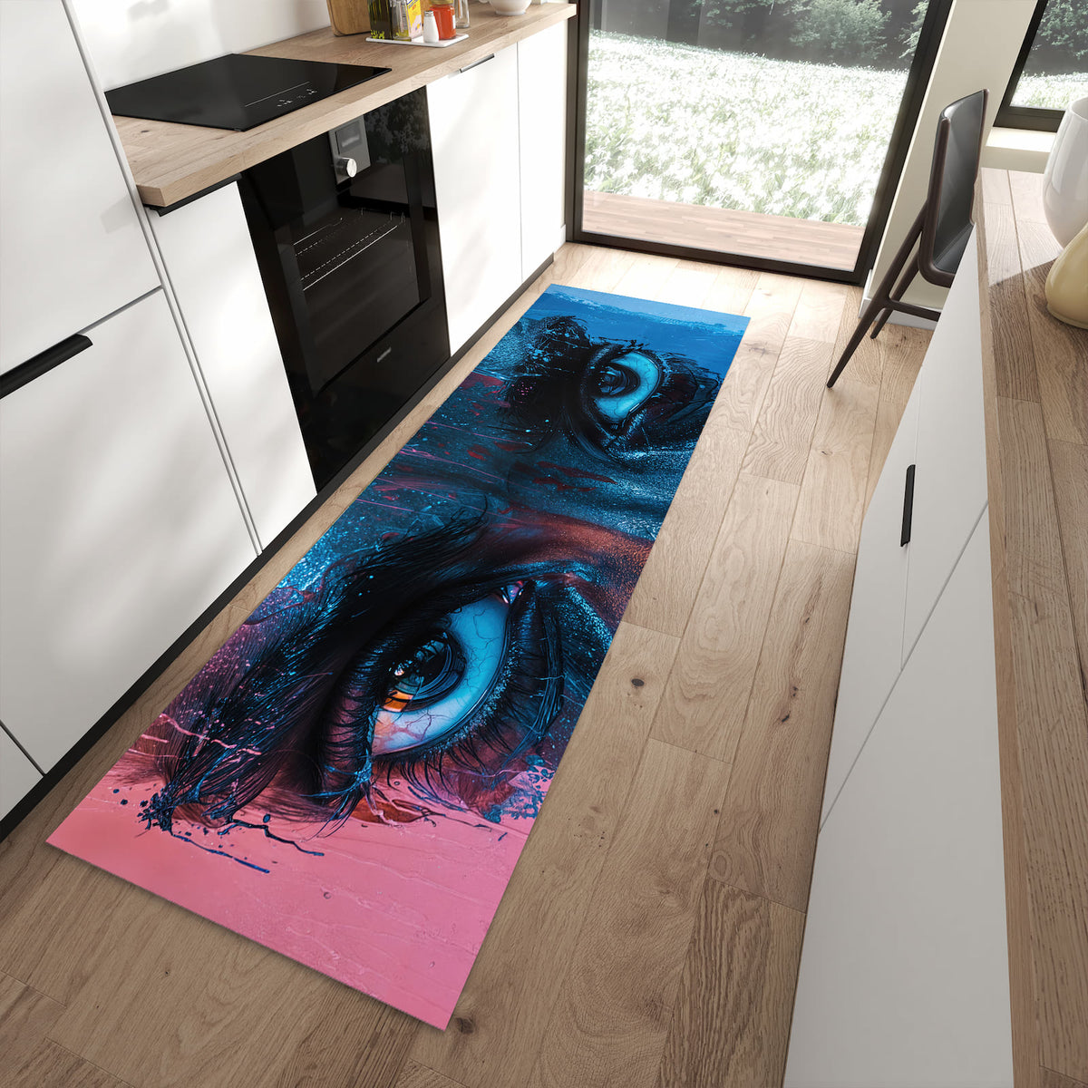 Schmutzabweisender Küchenteppich mit Motiv Blick ins Unbekannte in moderner Küche