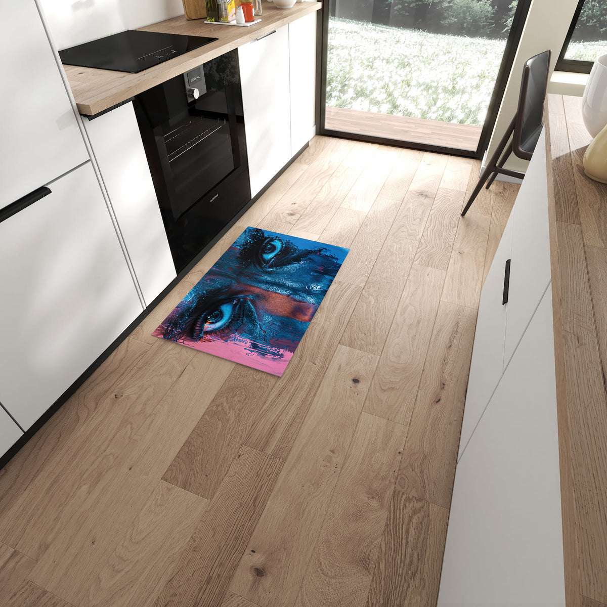 Wasserabweisender Küchenteppich mit Motiv Blick ins Unbekannte in moderner Küche