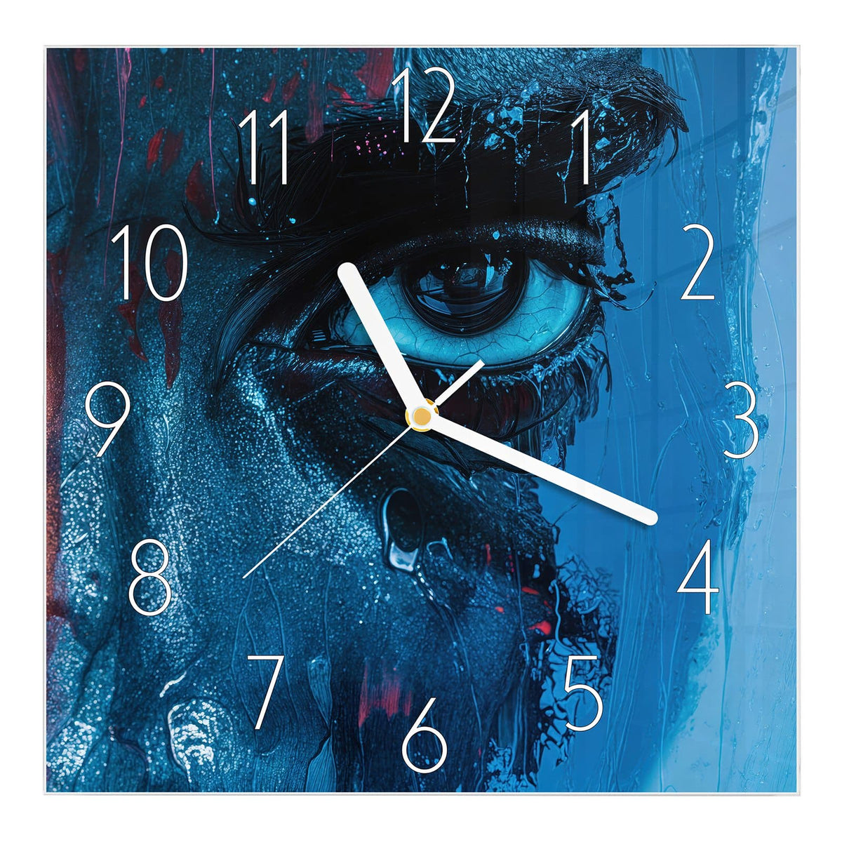 Wanduhr aus Glas, Ziffernblatt Klassisch: Halbes gemaltes Gesicht in Blau mit einem großen Auge und laufender Farbe