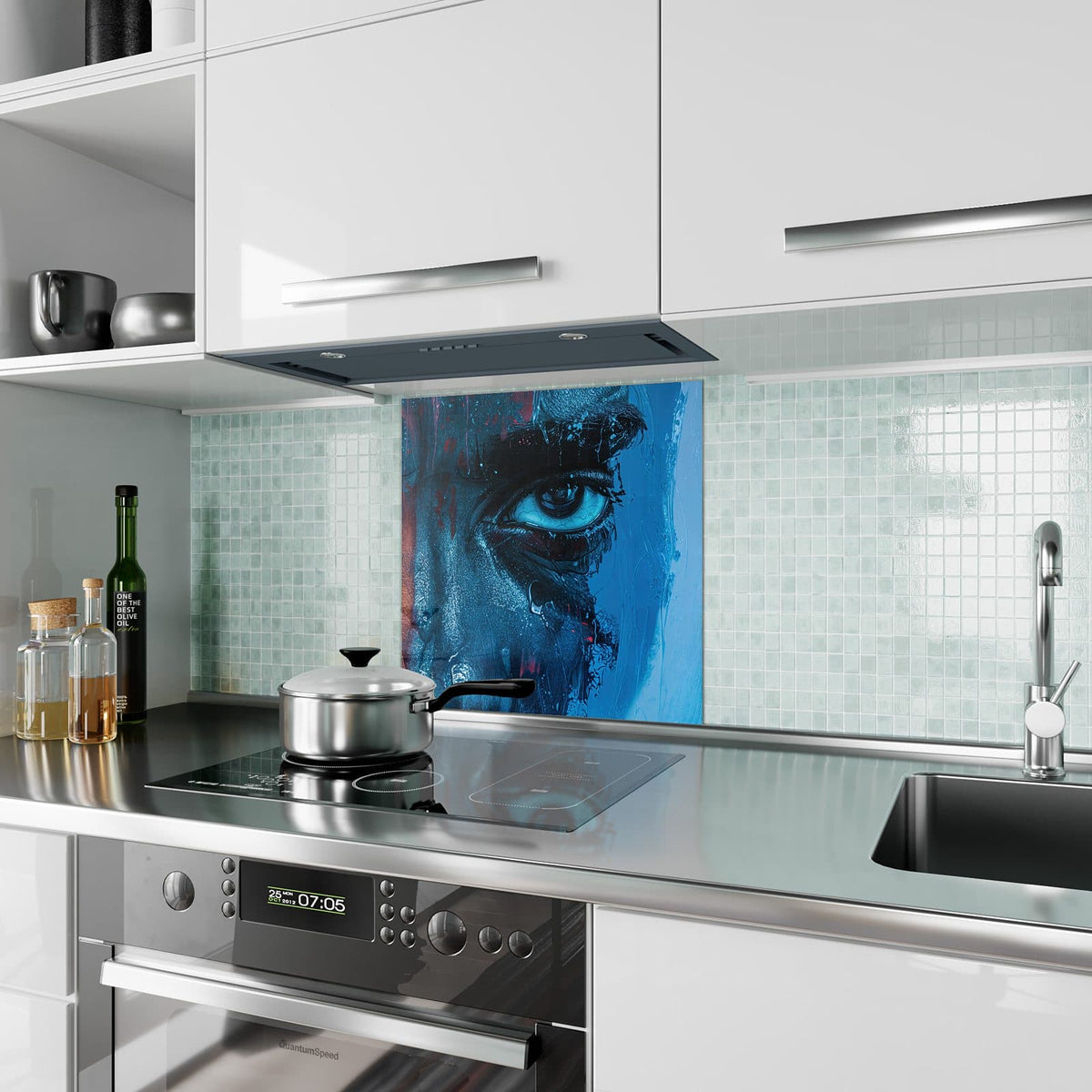 Küchenrückwand aus Glas Gemaltes Auge in Blau im quadratischen Format als Spritzschutz hinter dem Kochfeld, über dem Fliesenspiegel montiert