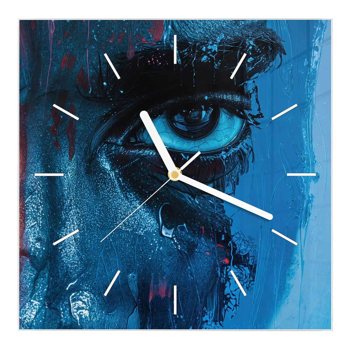 Wanduhr aus Glas, Ziffernblatt Linie: Halbes gemaltes Gesicht in Blau mit einem großen Auge und laufender Farbe
