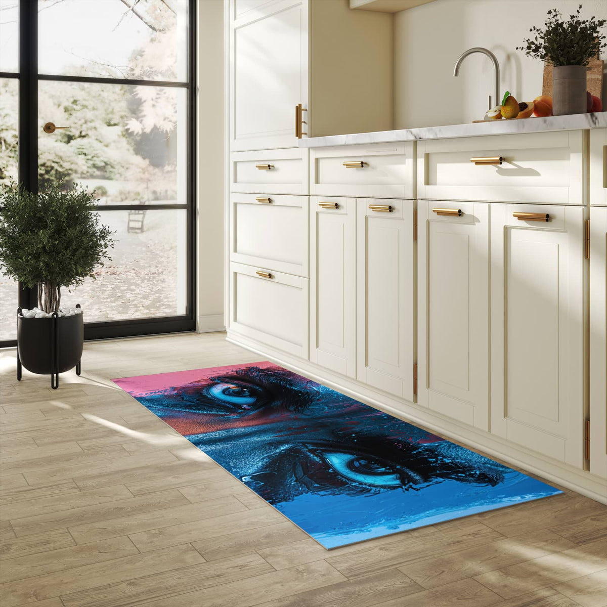 UV-beständiger Küchenläufer mit Motiv Blick ins Unbekannte in heller Küche