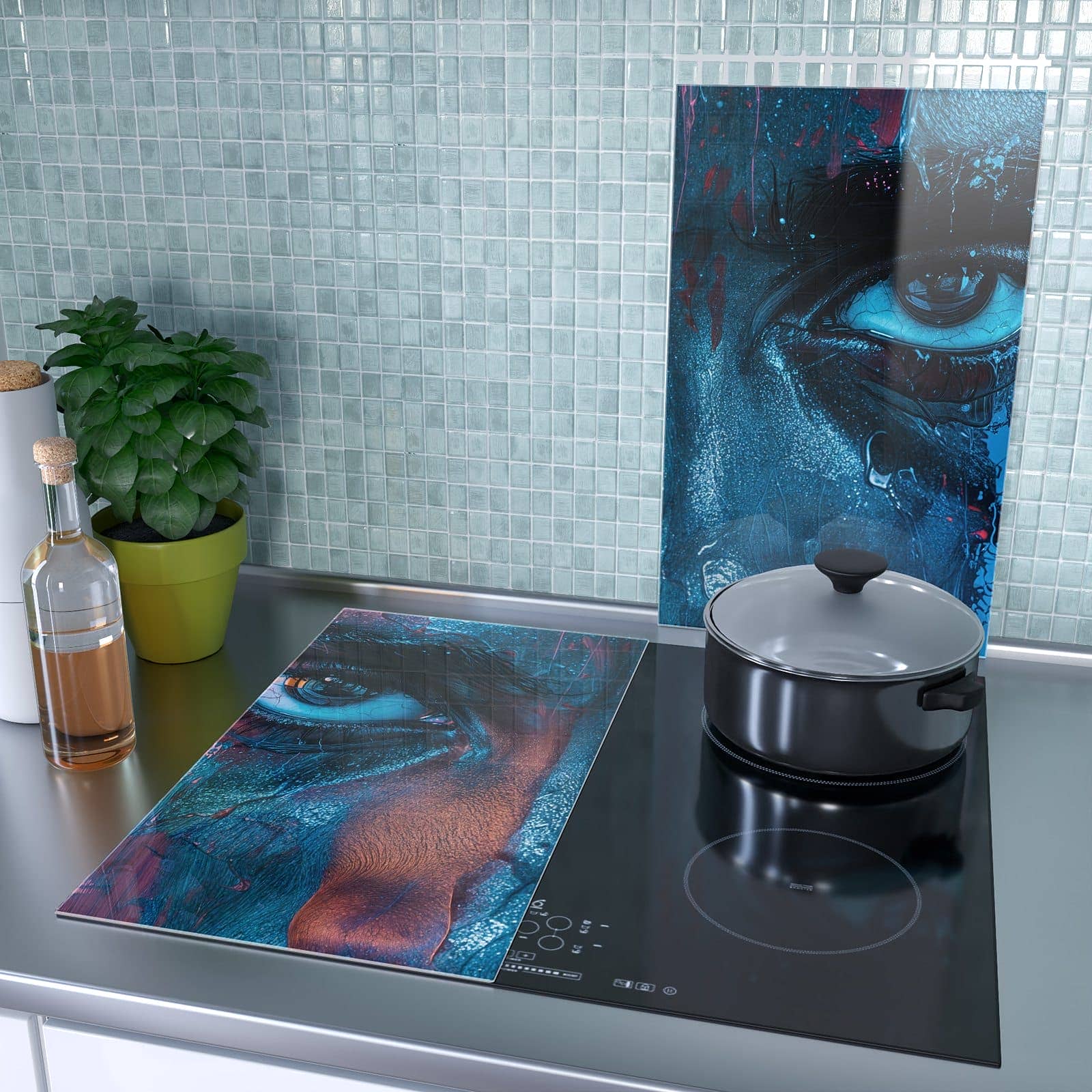 2-teilige Abdeckplatte für Induktionsherd mit Blick ins Unbekannte-Motiv als Spritzschutz hinter dem Kochfeld