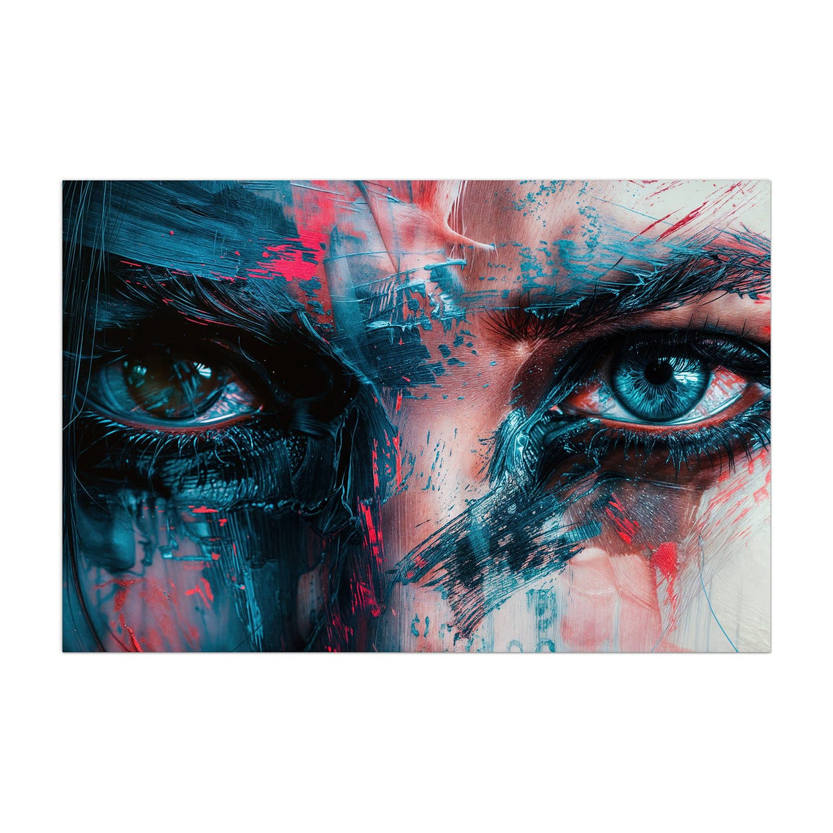 Küchenrückwand aus Glas Auge in Blau und Rot im Hochformat, Motiv bildfüllend von vorn