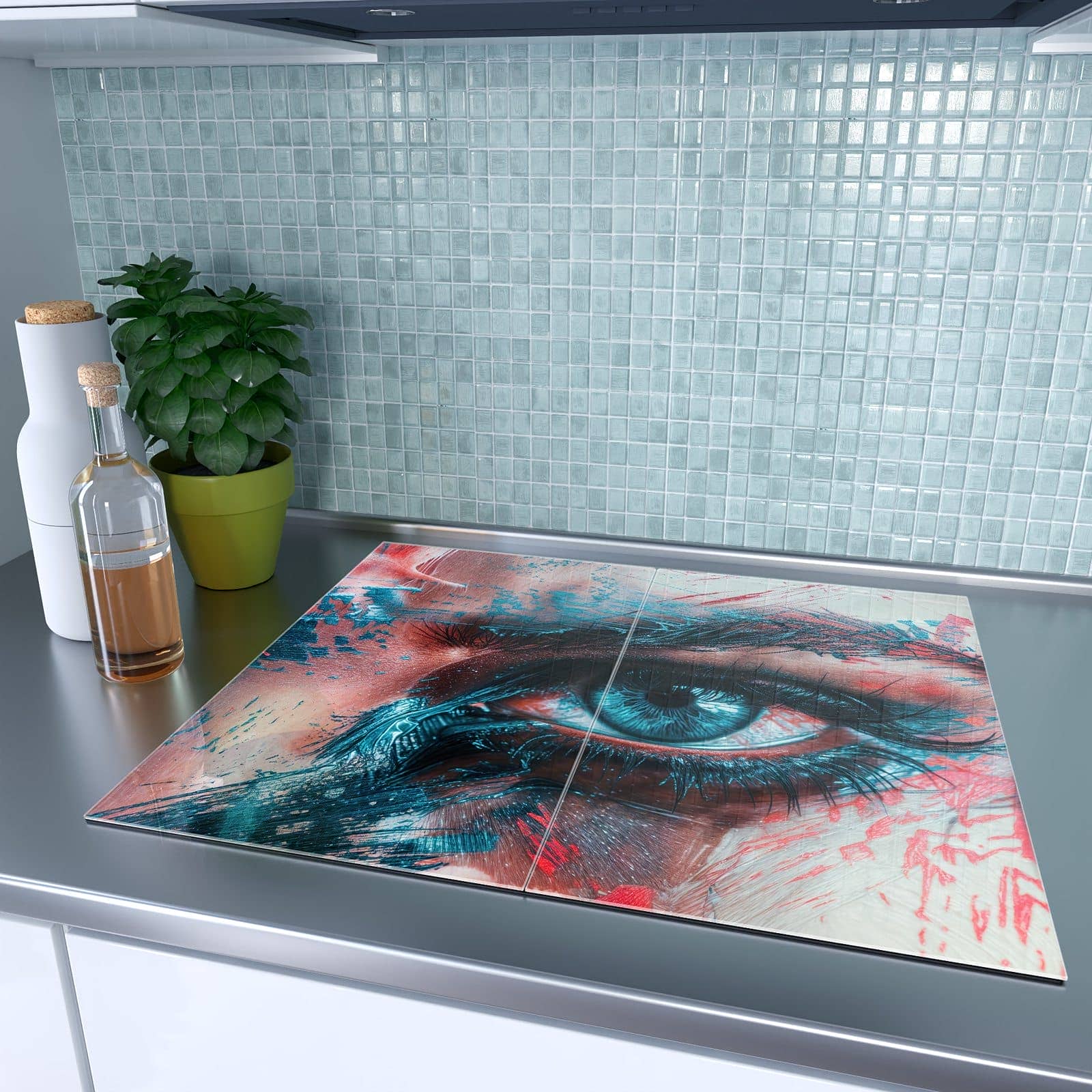 2-teilige Herdabdeckplatten aus Glas mit Kunstvolle Augen-Motiv auf dem Ceranfeld