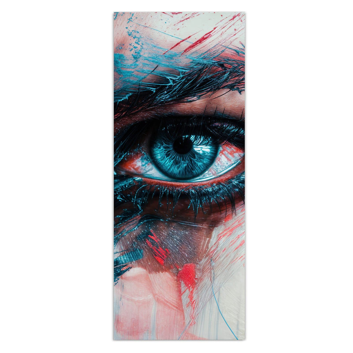 Wandbild - Auge in Blau und Rot - Hochformat – Auge hinter blauen und roten Strichen