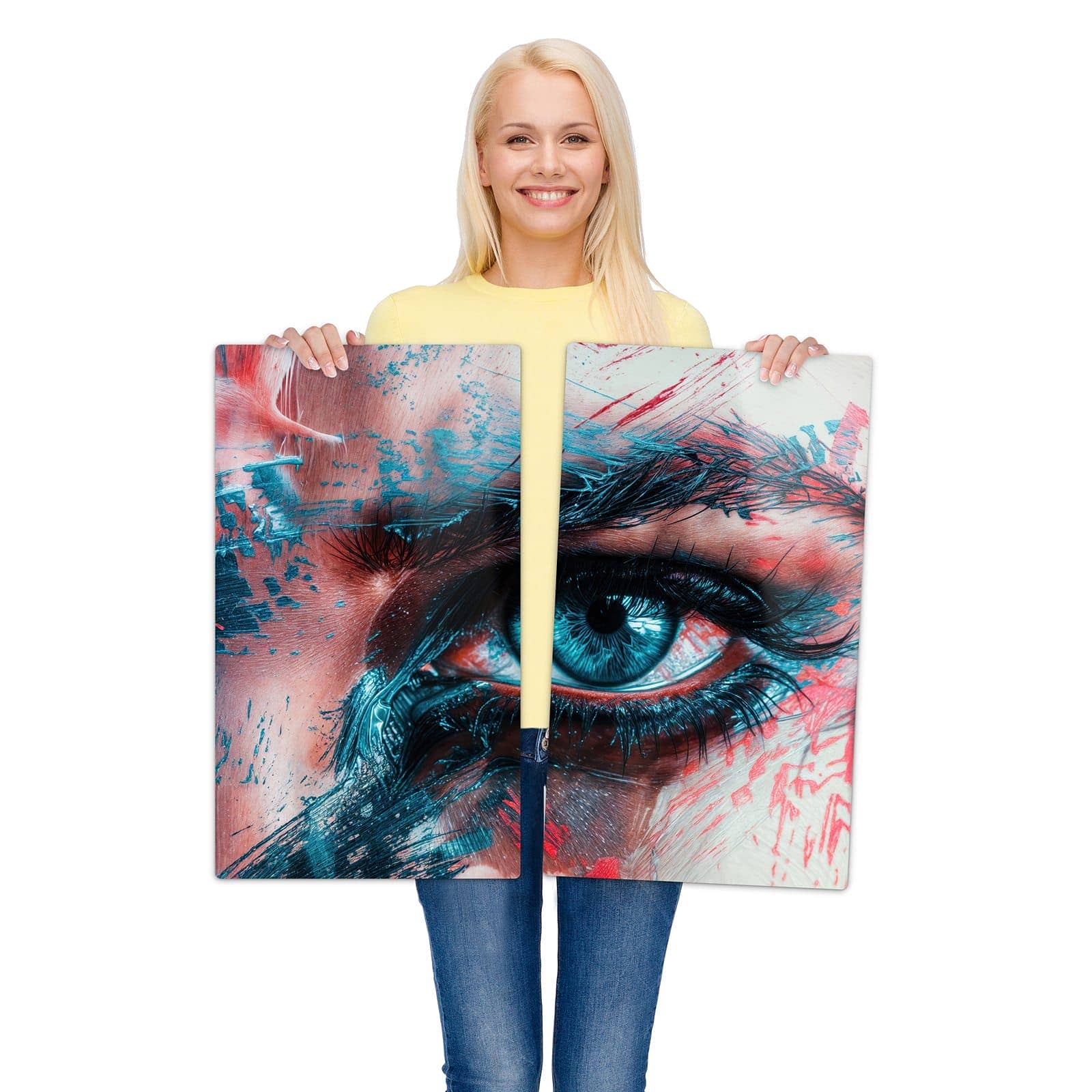 2-teilige Glasplatte für Herd mit Kunstvolle Augen-Motiv wird zur Größendarstellung gehalten