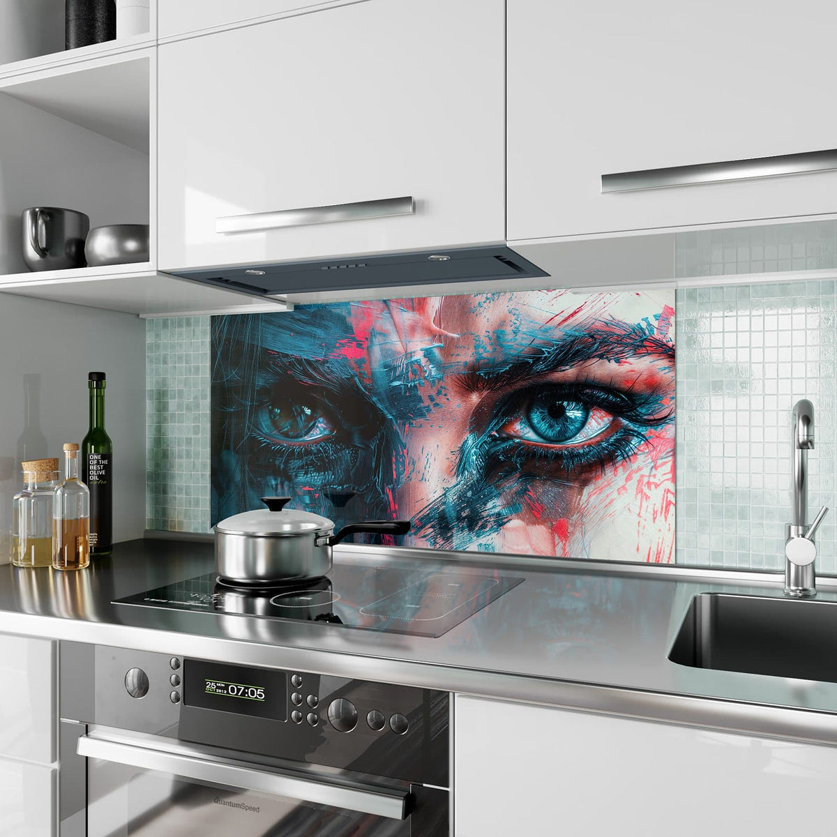 Küchenrückwand aus Glas Auge in Blau und Rot im Hochformat als Spritzschutz hinter dem Kochfeld, über dem Fliesenspiegel montiert