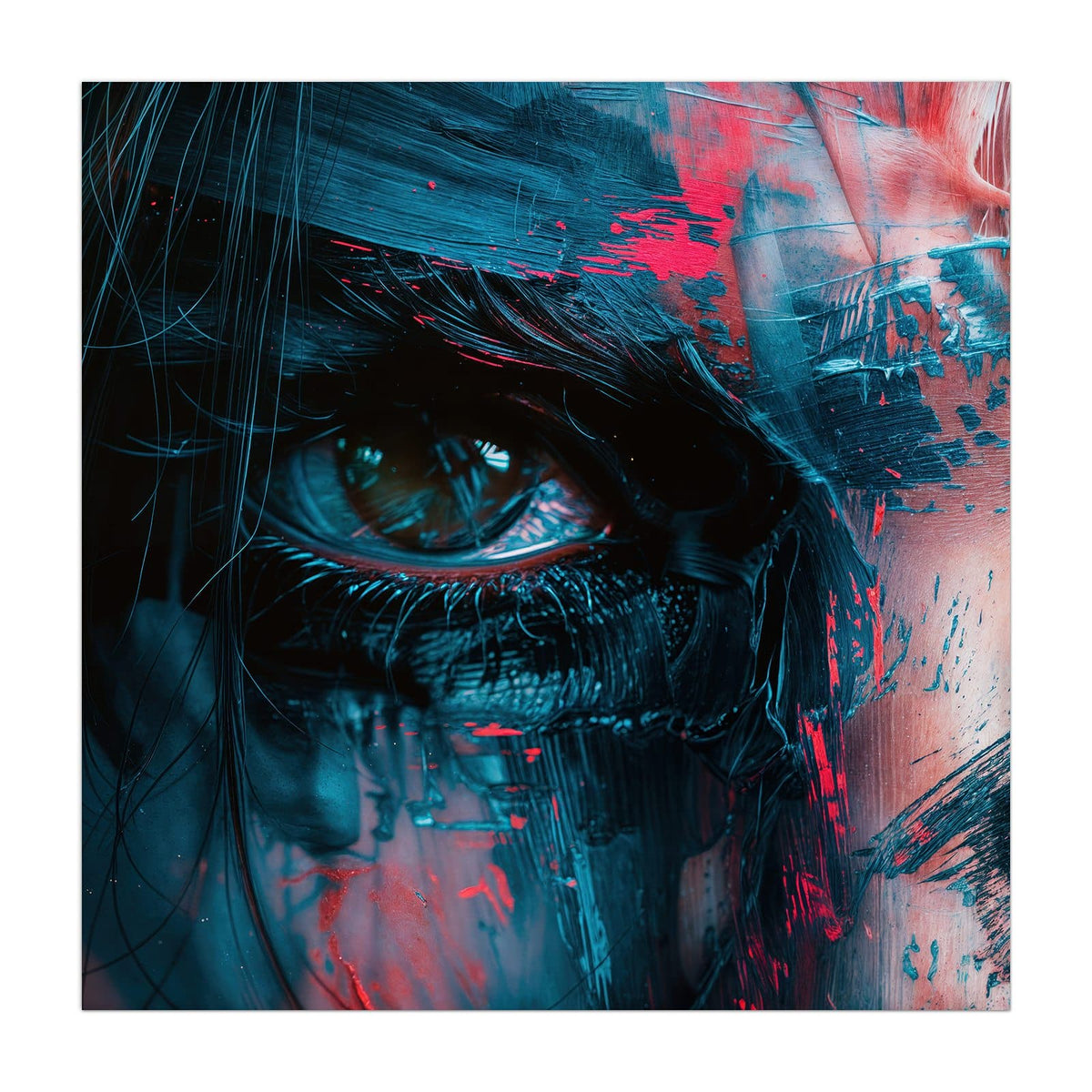 Küchenrückwand aus Glas Auge in Blau und Rot im quadratischen Format, Motiv bildfüllend von vorn