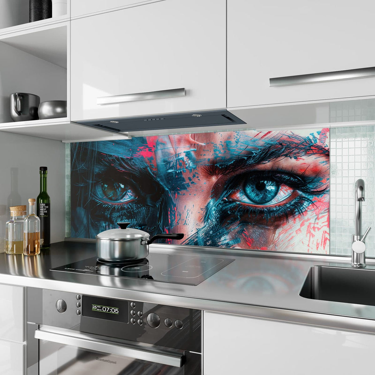 Küchenrückwand aus Glas Auge in Blau und Rot im Hochformat als Spritzschutz hinter dem Kochfeld, über dem Fliesenspiegel montiert