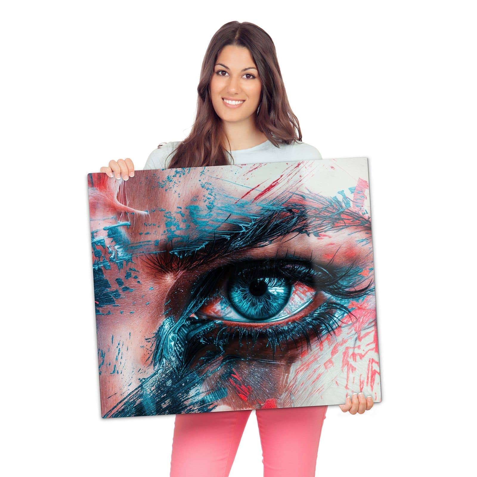 Glasabdeckplatte für Ceranfeld mit Kunstvolle Augen-Motiv wird zur Größendarstellung gehalten