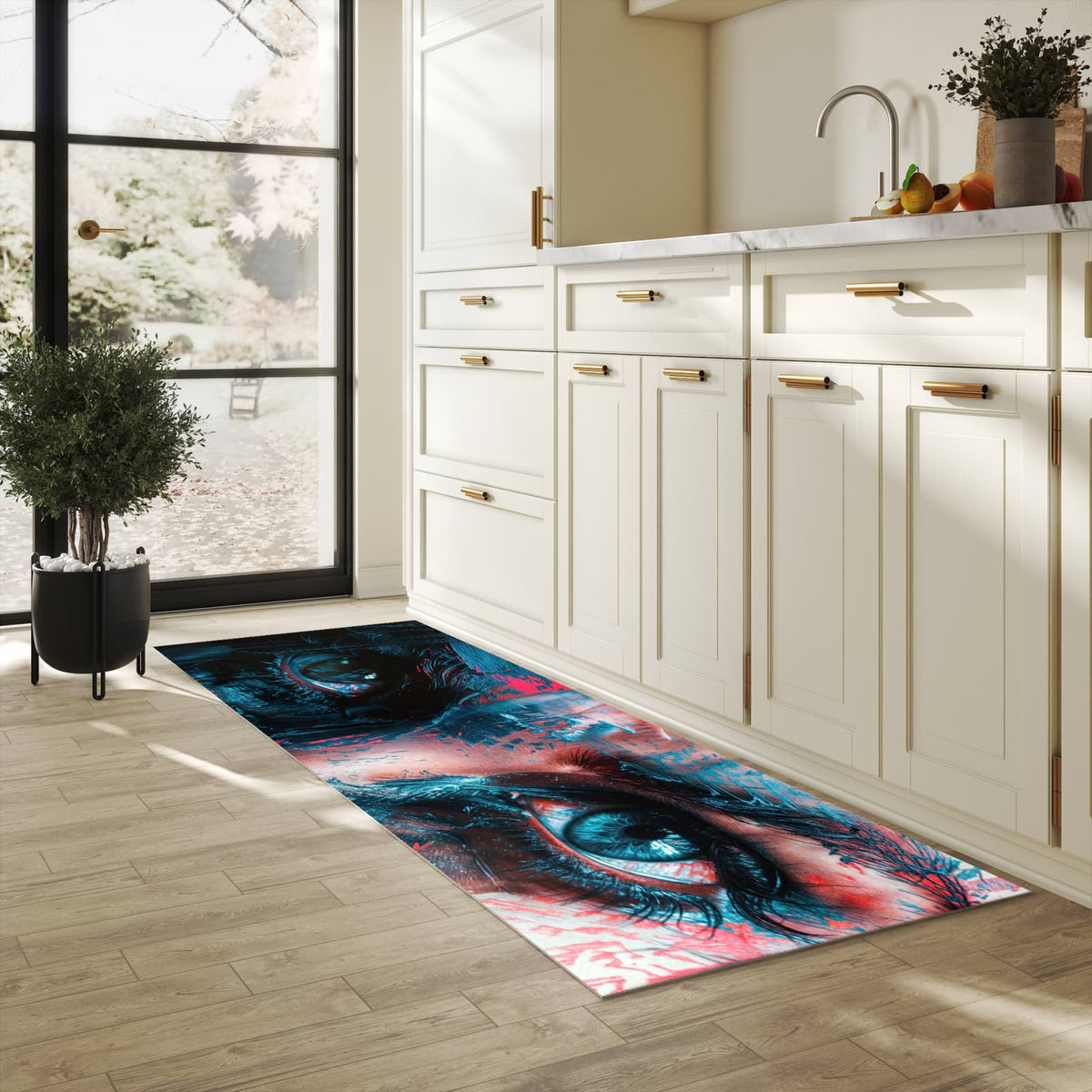 Küchenteppich mit Motiv Kunstvolle Augen für Trittkomfort in heller Küche