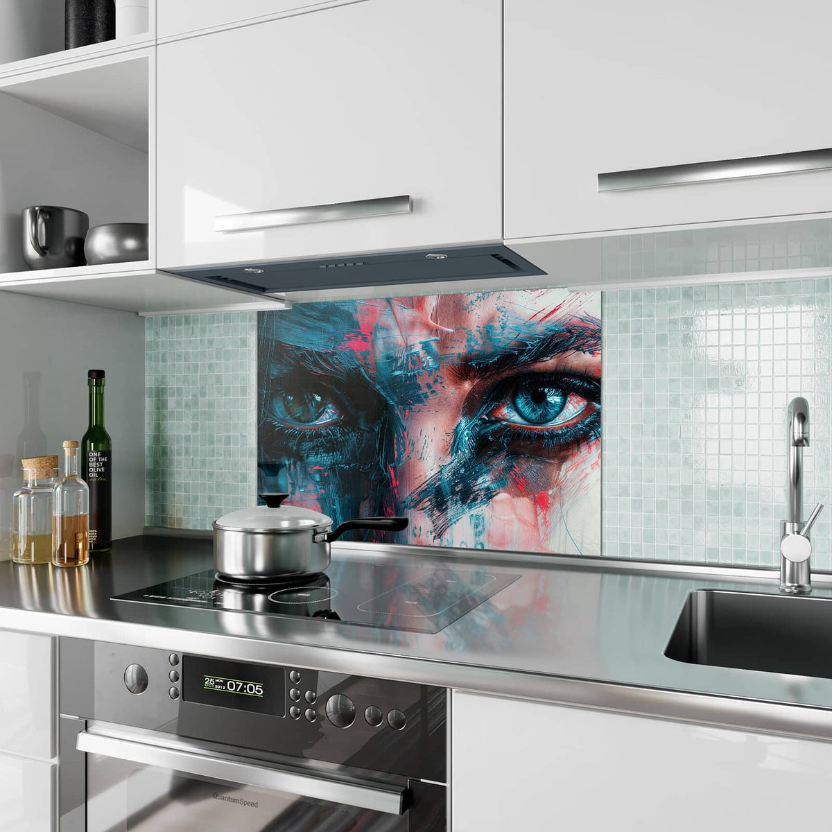 Küchenrückwand aus Glas Auge in Blau und Rot im Hochformat als Spritzschutz hinter dem Kochfeld, über dem Fliesenspiegel montiert