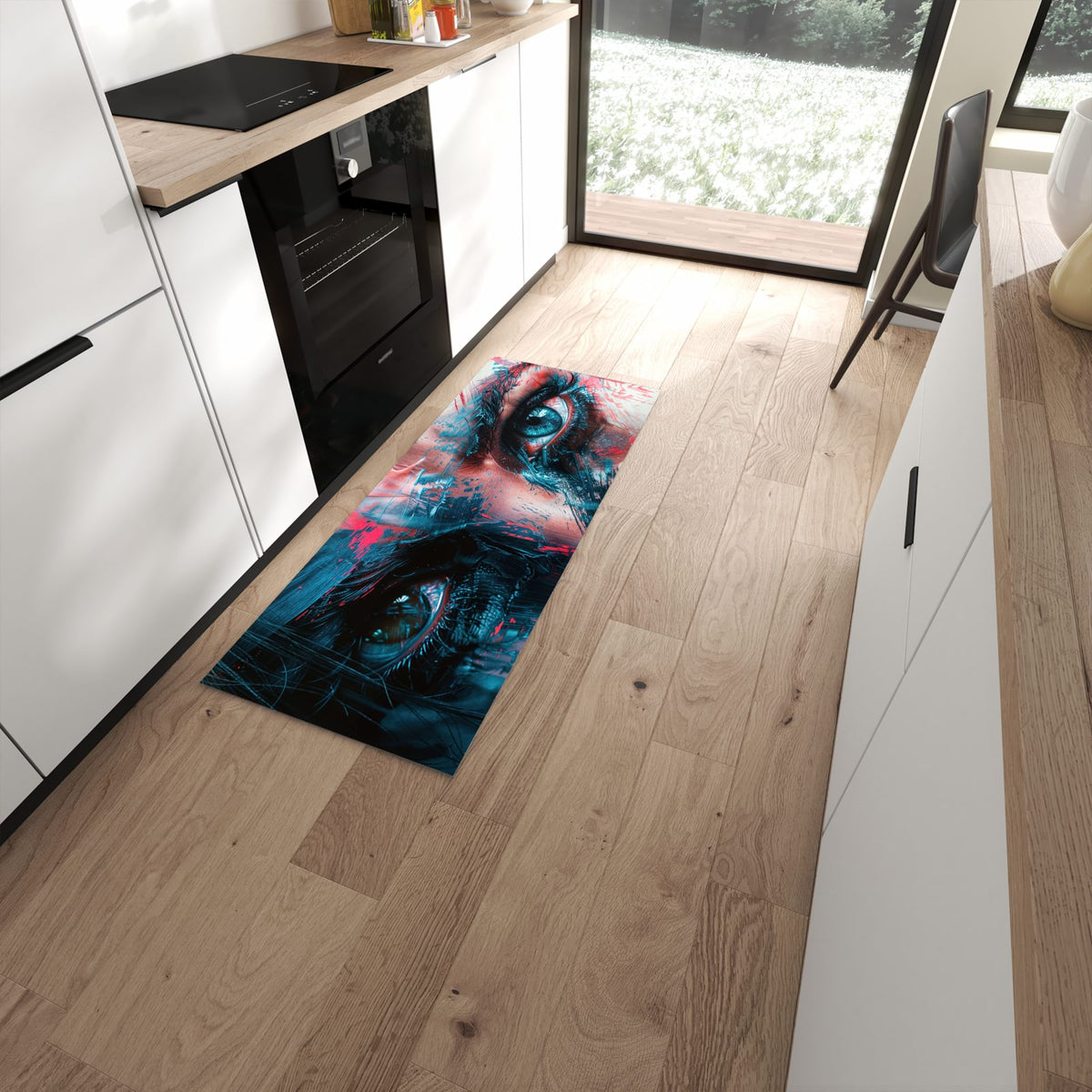 Flacher Küchenteppich mit Motiv Kunstvolle Augen in moderner Küche #grösse_60 x 150 cm