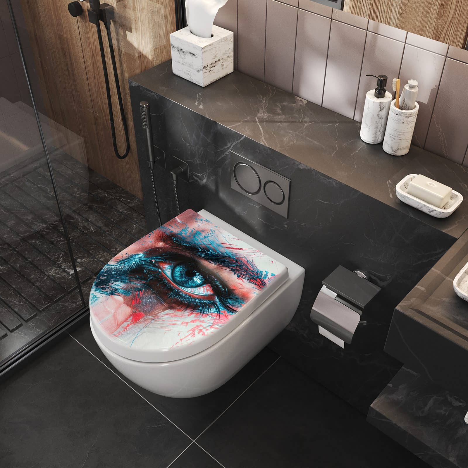 WC-Sitz mit Absenkautomatik Kunstvolle Augen