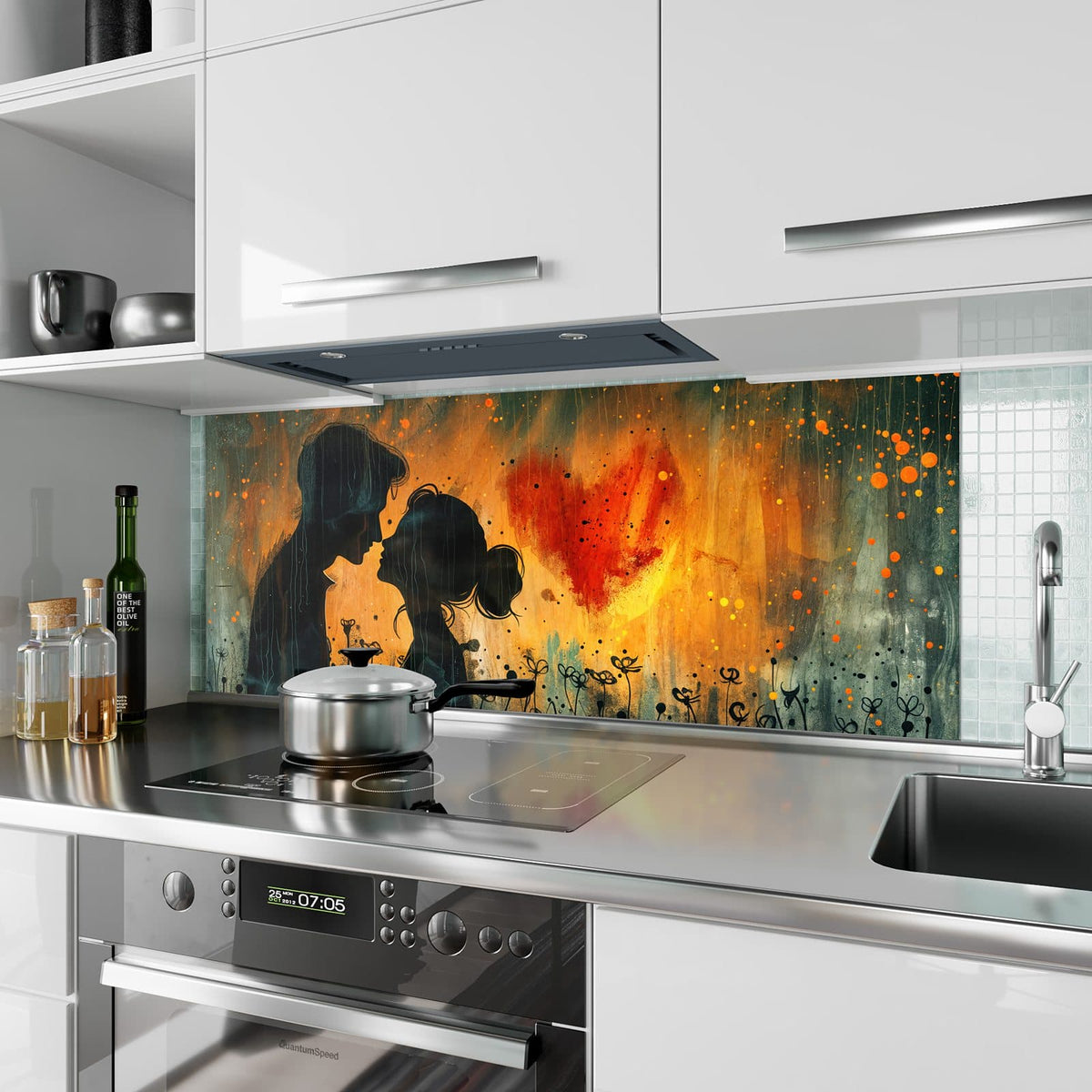 Küchenrückwand aus Glas Liebespaar mit Herz im Hochformat als Spritzschutz hinter dem Kochfeld, über dem Fliesenspiegel montiert