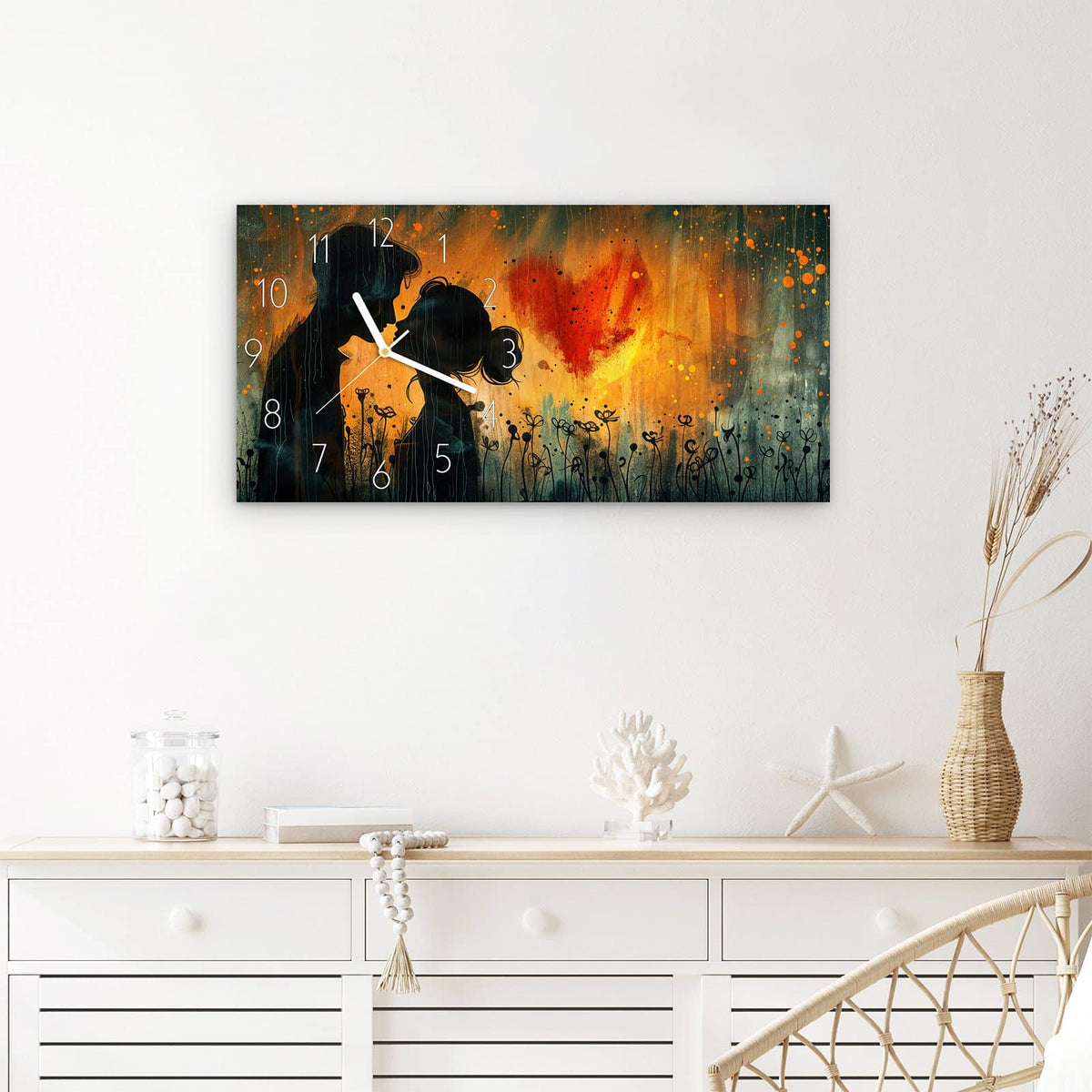 Wanduhr Liebespaar im Regen aus Glas – Querformat 60 × 30 cm – Paar-Silhouette vor leuchtendem Herz