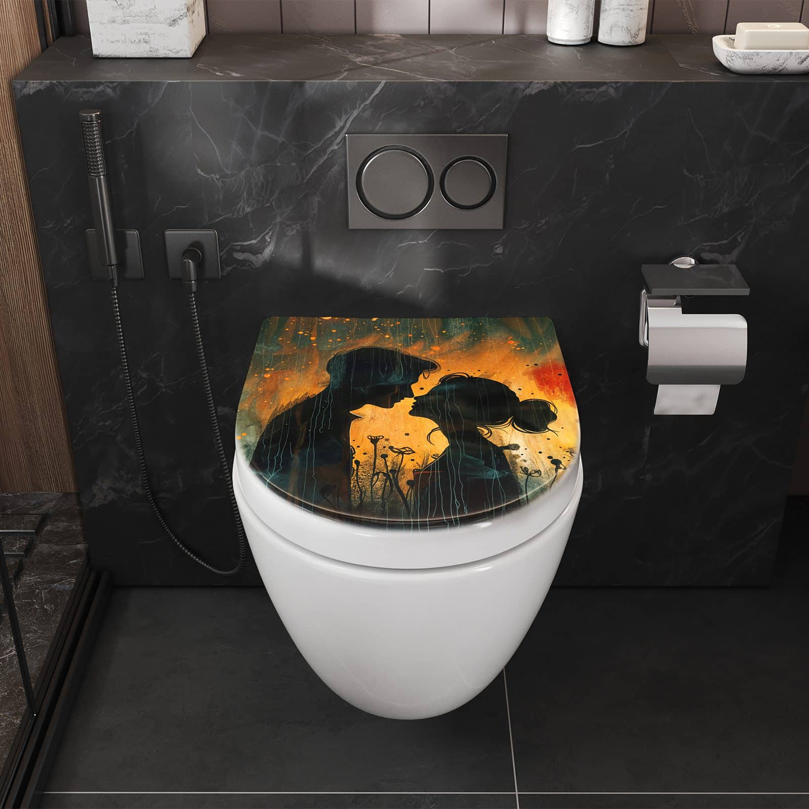 WC-Sitz mit Absenkautomatik Liebespaar im Regen