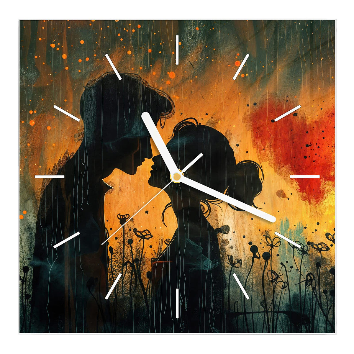 Wanduhr aus Glas, Ziffernblatt Linie mit Motiv Liebespaar mit Herz: Silhouette eines Paares Stirn an Stirn vor orangem Grund, rechts ein rotes Herz