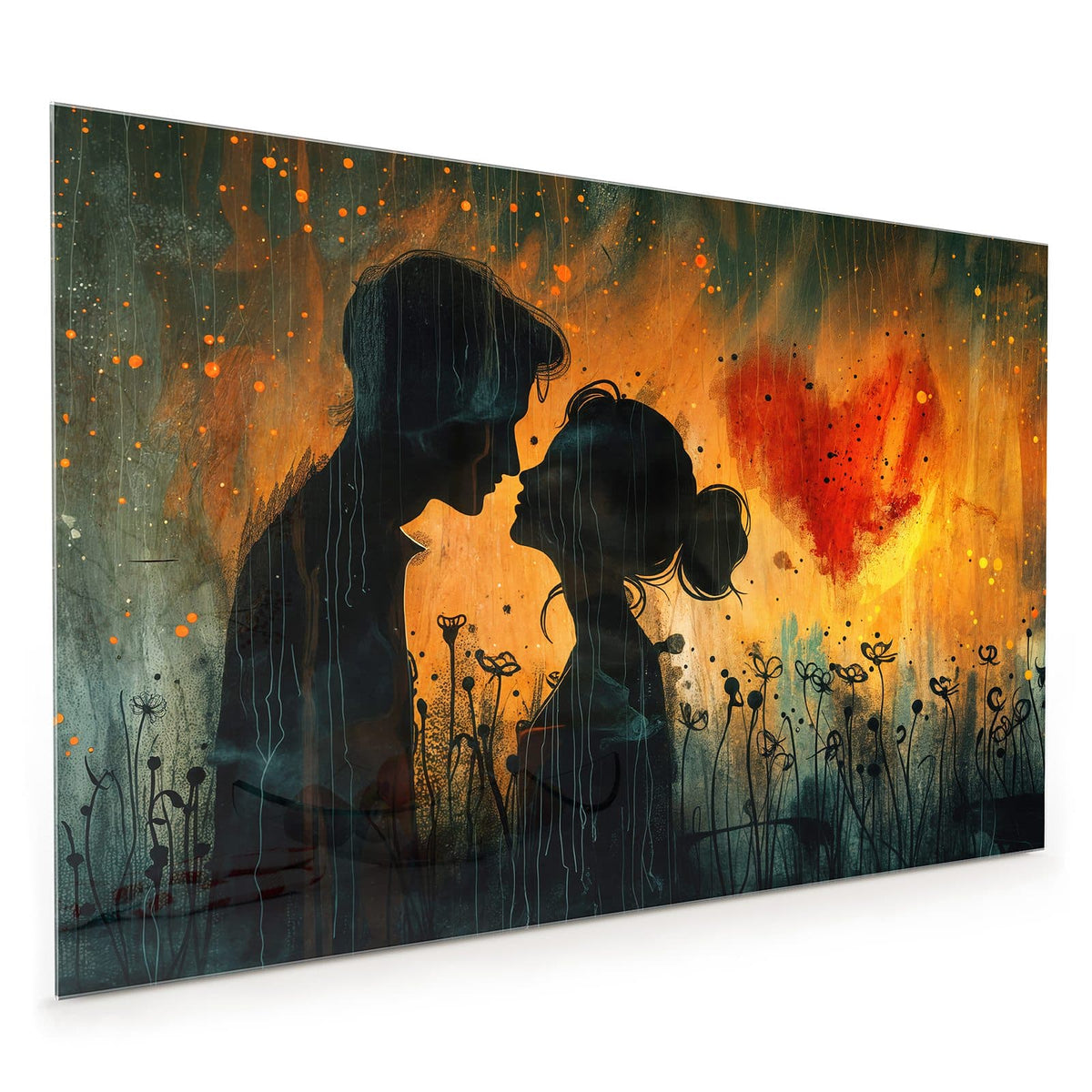 Küchenrückwand aus Glas im Hochformat mit Motiv Liebespaar mit Herz: Silhouette eines Paares Stirn an Stirn vor orangem Grund, rechts ein rotes Herz