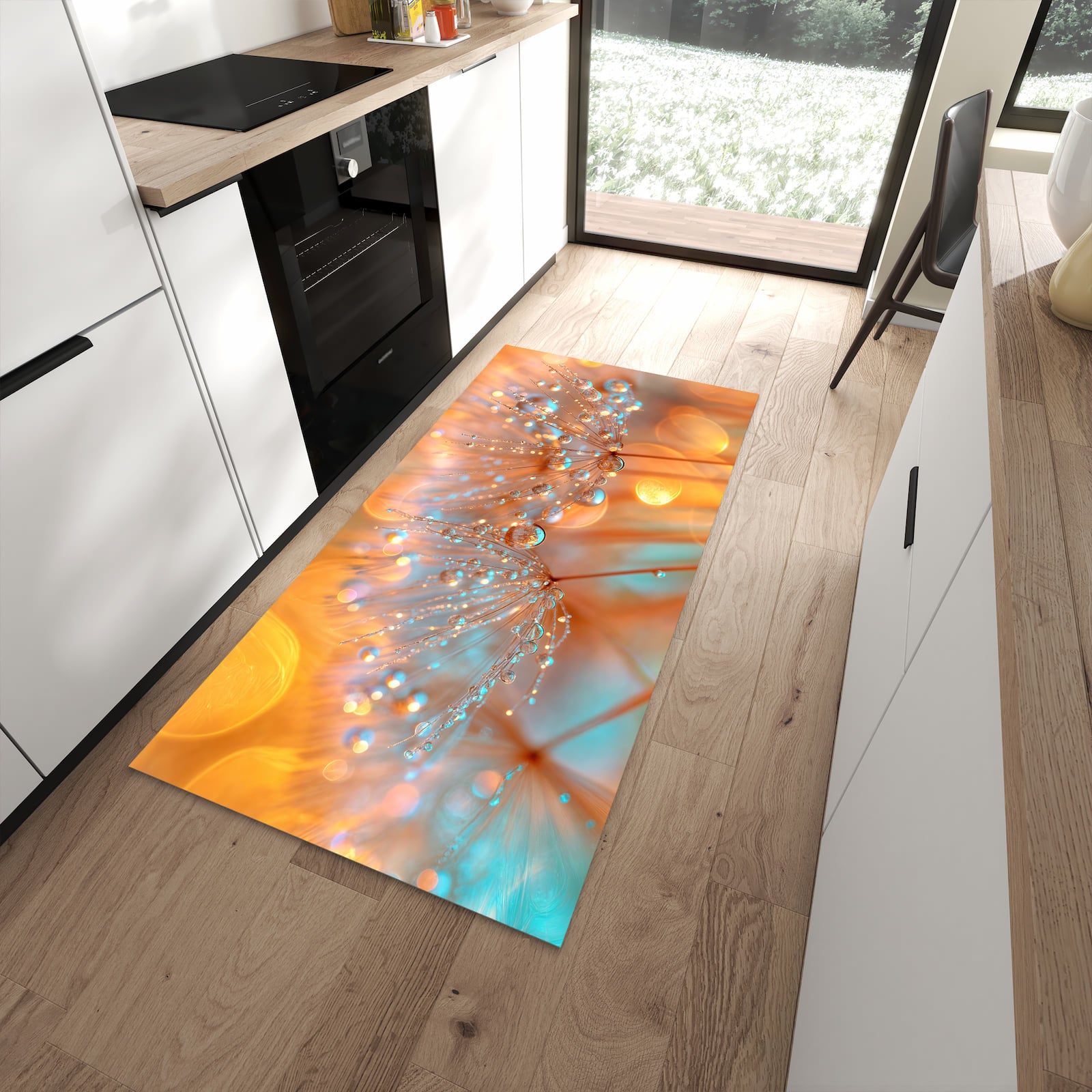 Komfortabler rutschfester Küchenteppich mit Motiv Pusteblumen Tropfen in moderner Küche