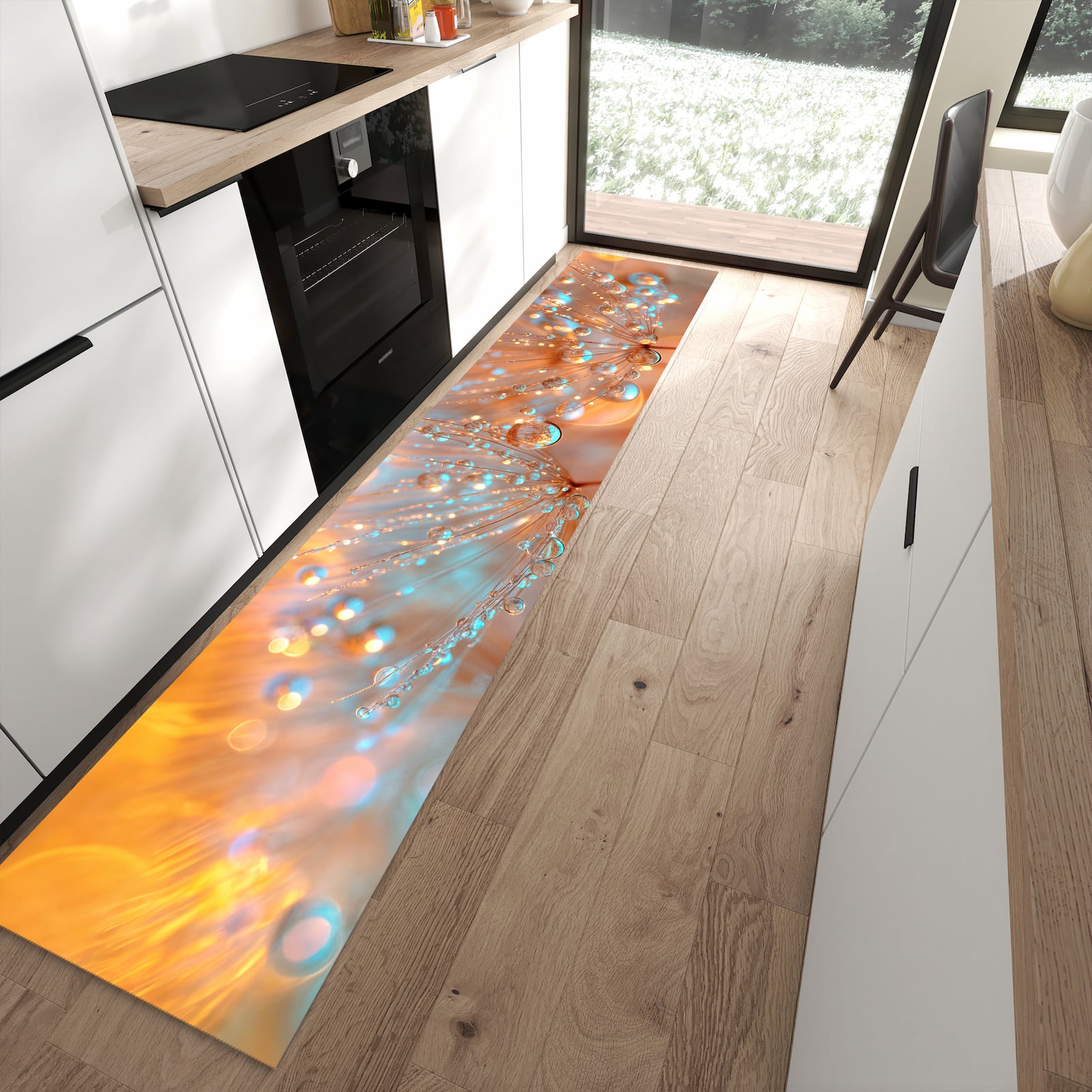 Fleckenresistenter rutschfester Küchenteppich mit Motiv Pusteblumen Tropfen in moderner Küche